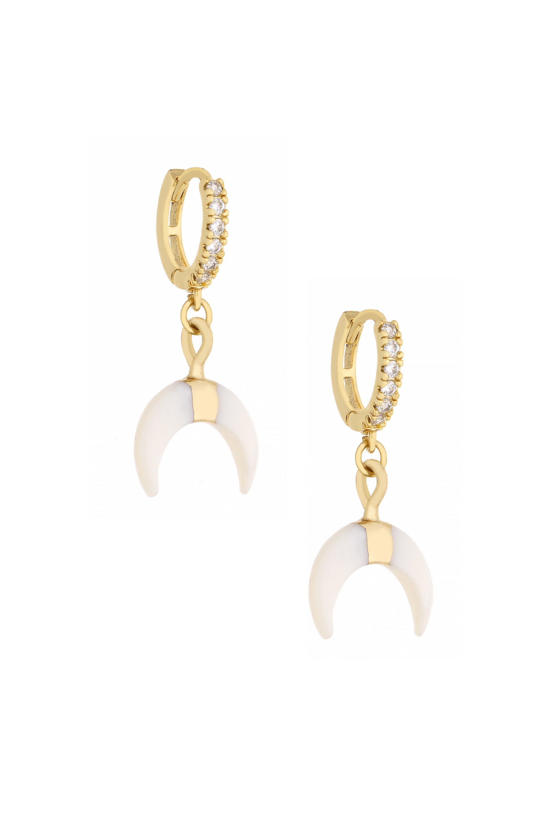 Boho White Crescent Horn 18k Gold Plated Dangle Earrings on white front
