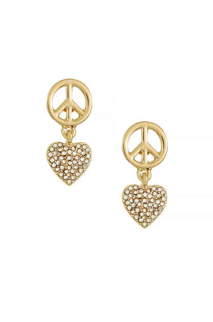 Peace and Love Crystal Dangle 18k Gold Plated Earrings on white front