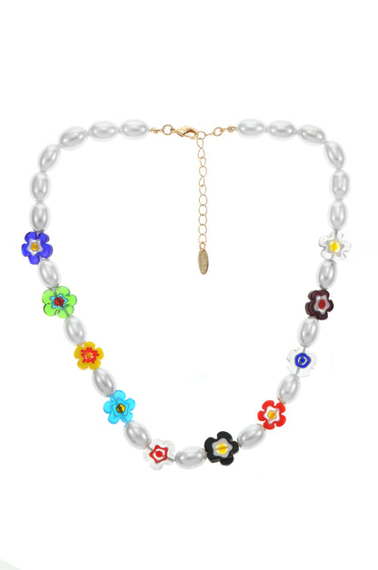 Millennia Rising Pearl and Flower Beaded 18k Gold Plated Necklace on white