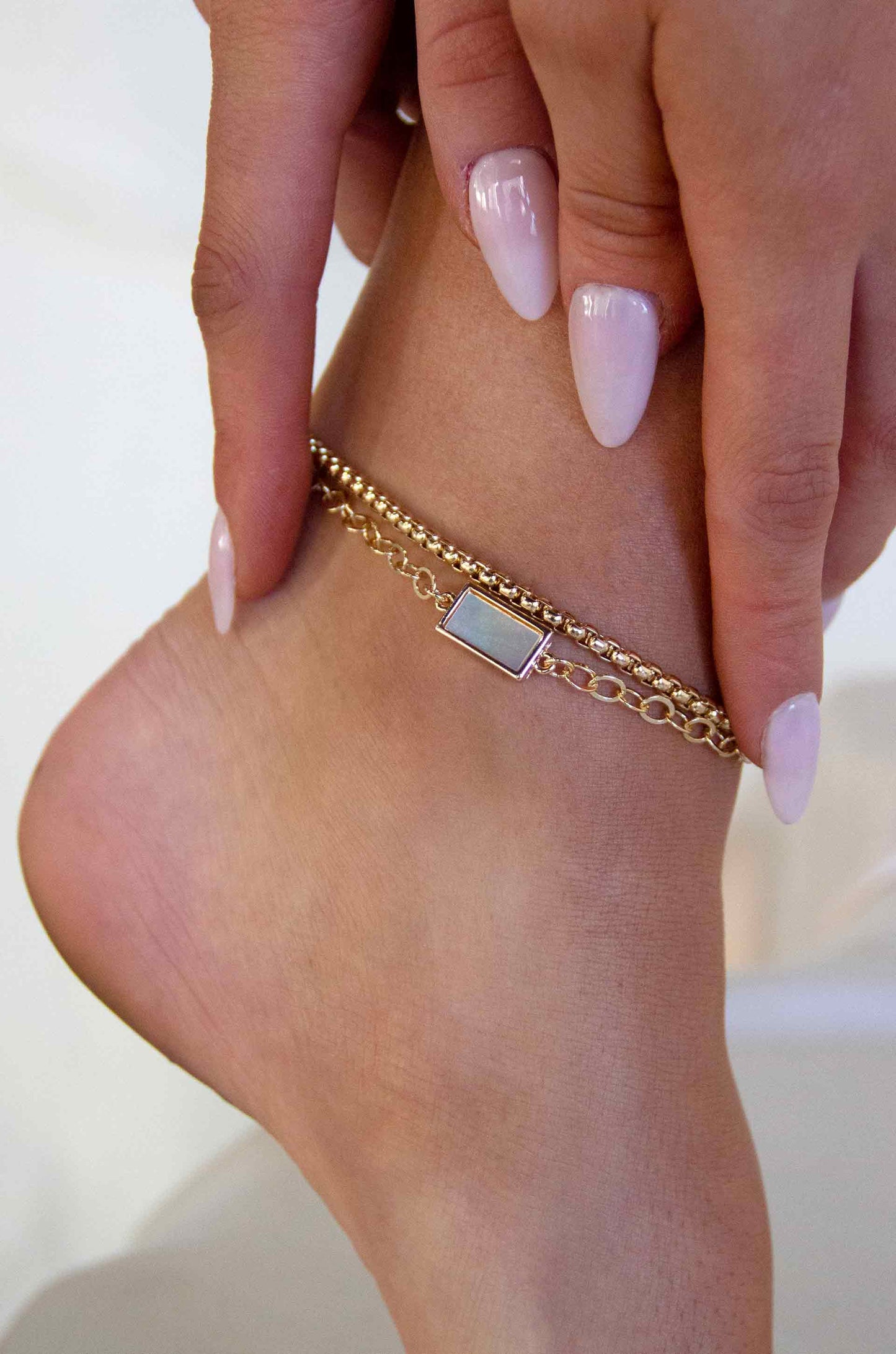 Gemini Mother of Pearl & 18k Gold Plated Anklet Set of 2 on model