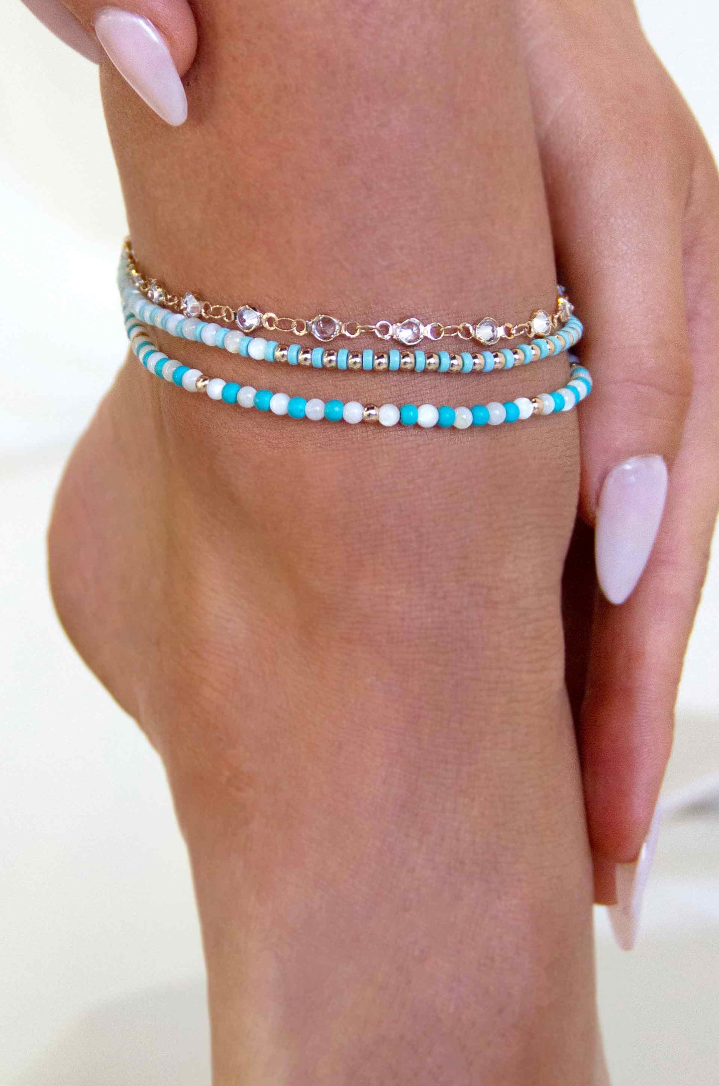 Turquoise Malibu Breeze 18k Gold Plated Anklet Trio on model