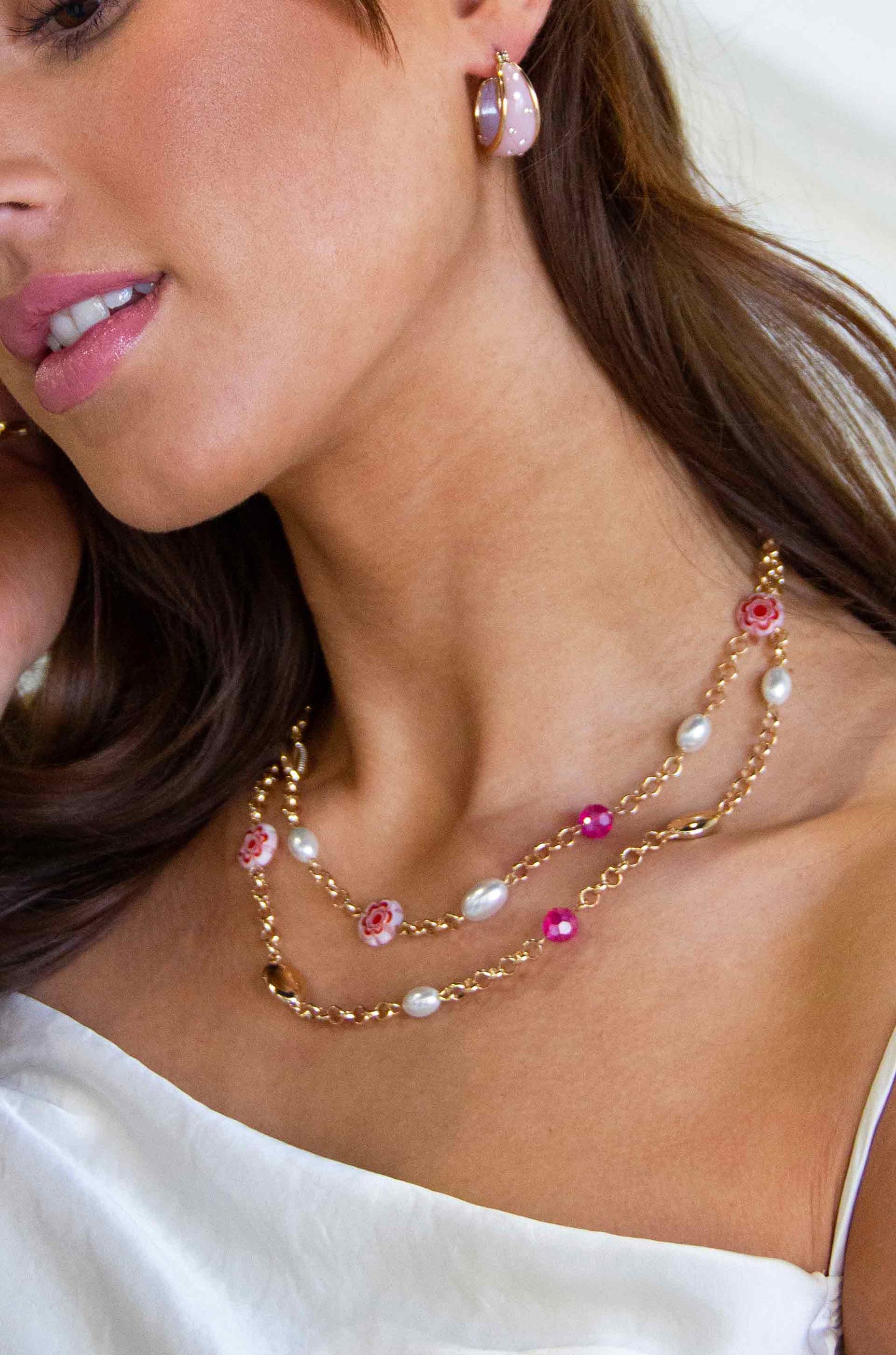 Pinky Party Pearl and Bead 18k Gold Plated Chain Layered Necklace on a model