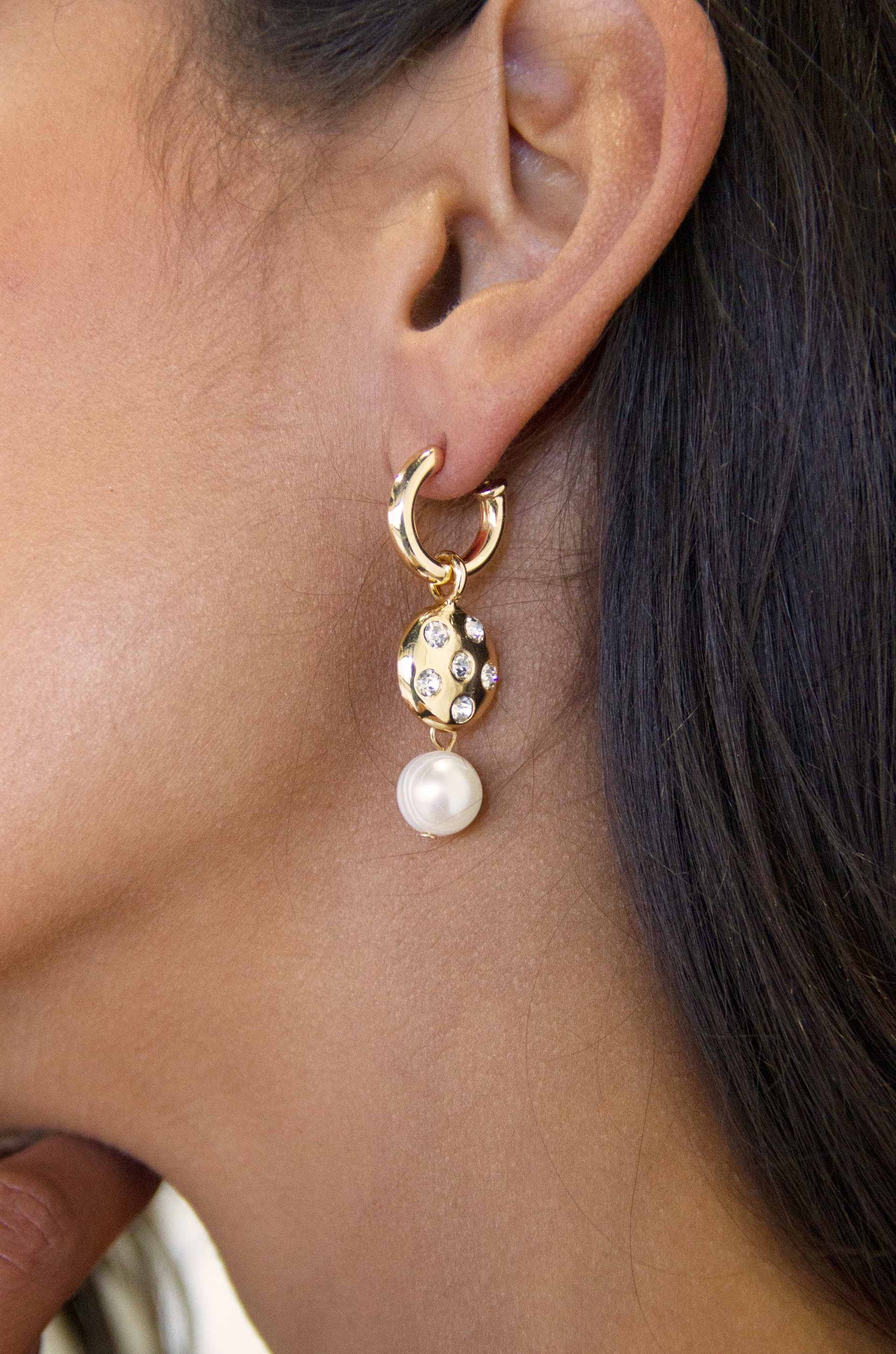 Mini Pearl and Crystal Disc 18k Gold Plated Dangle Earrings on a model