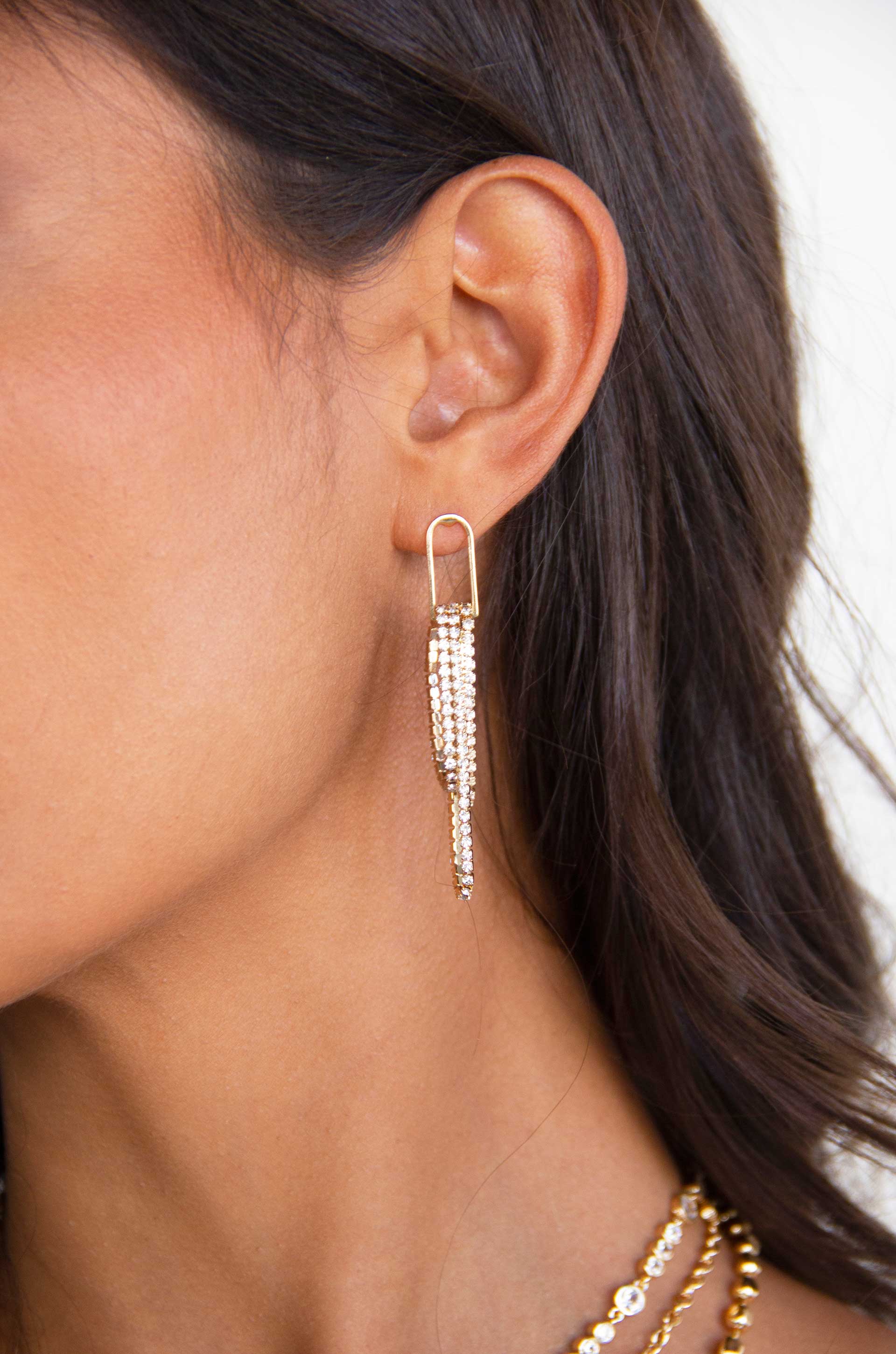 Hanging On 18k Gold Plated Crystal Dangle Earrings on a model