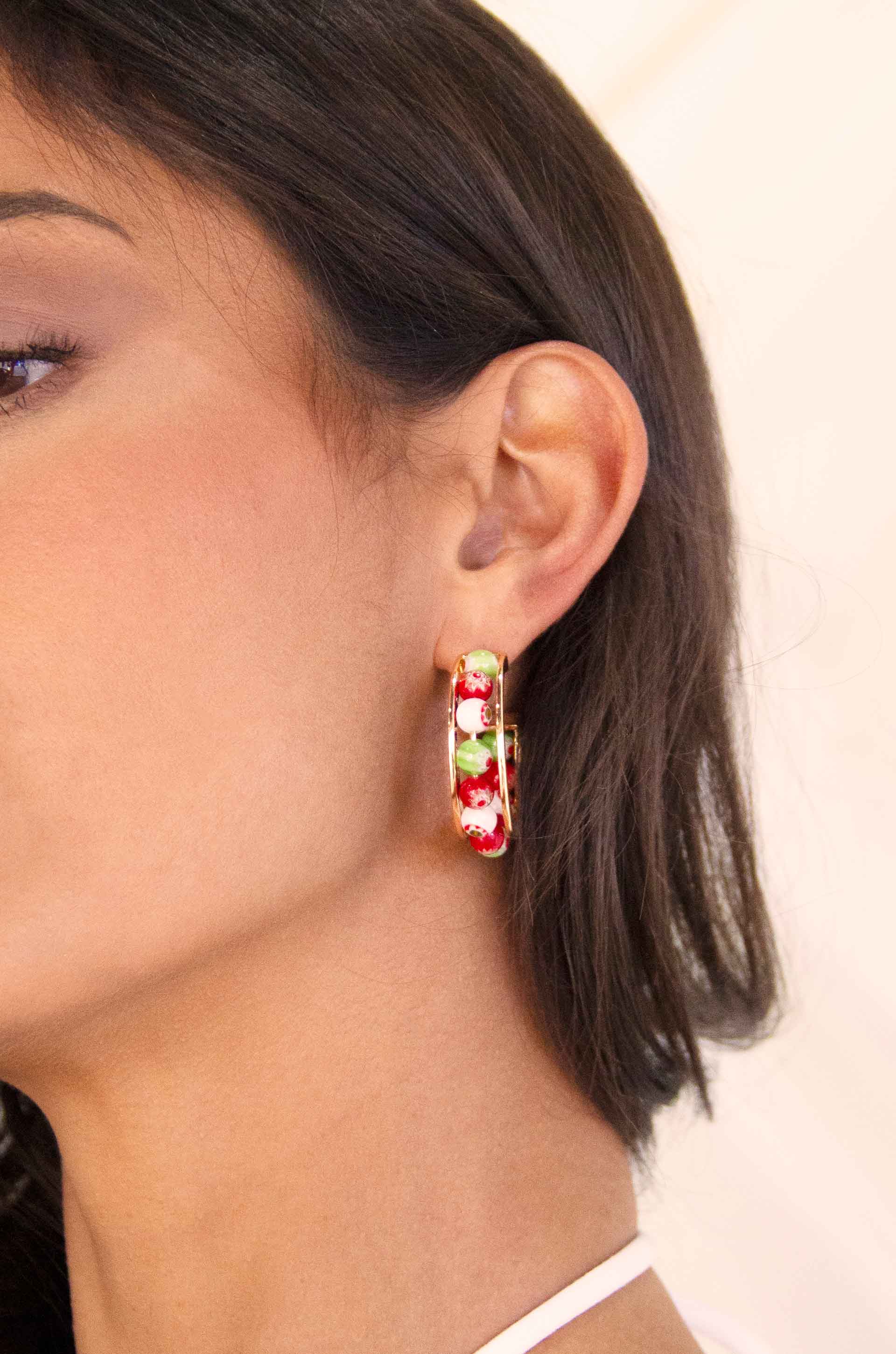 Merry and Bright Bead 18k Gold Plated Hoop Earrings on a model