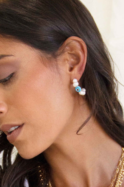 Evil Eye and Pearl Hoop 18k Gold Plated Earrings