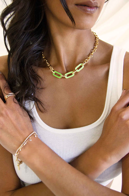 Neon Green Linked 18k Gold Plated Chain Necklace on a model