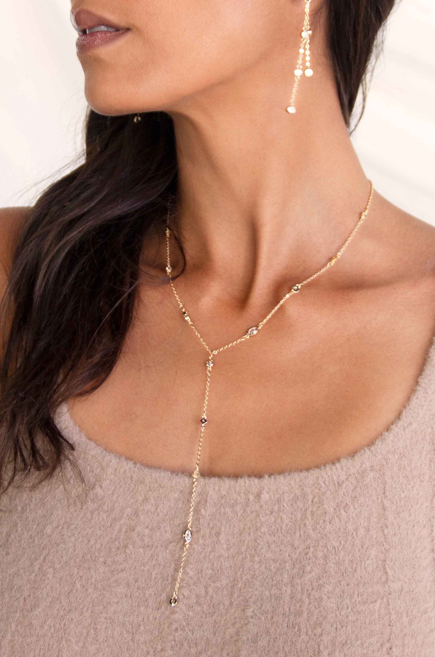 Simple Statement Crystal Dotted 18k Gold Plated Lariat Necklace on a model