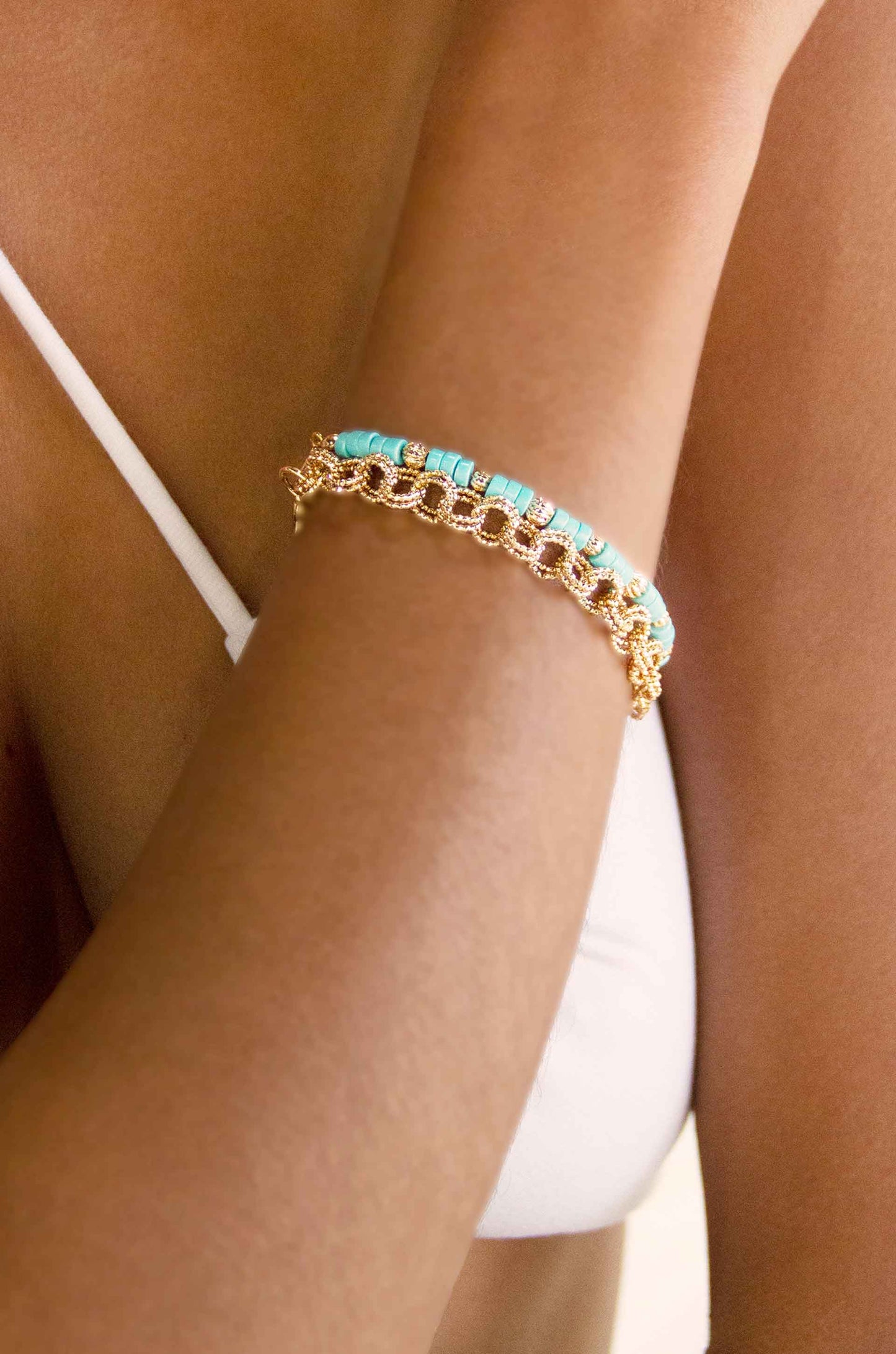 Vacation Mode Activated Turquoise and 18k Gold Plated Bracelet Set on a model