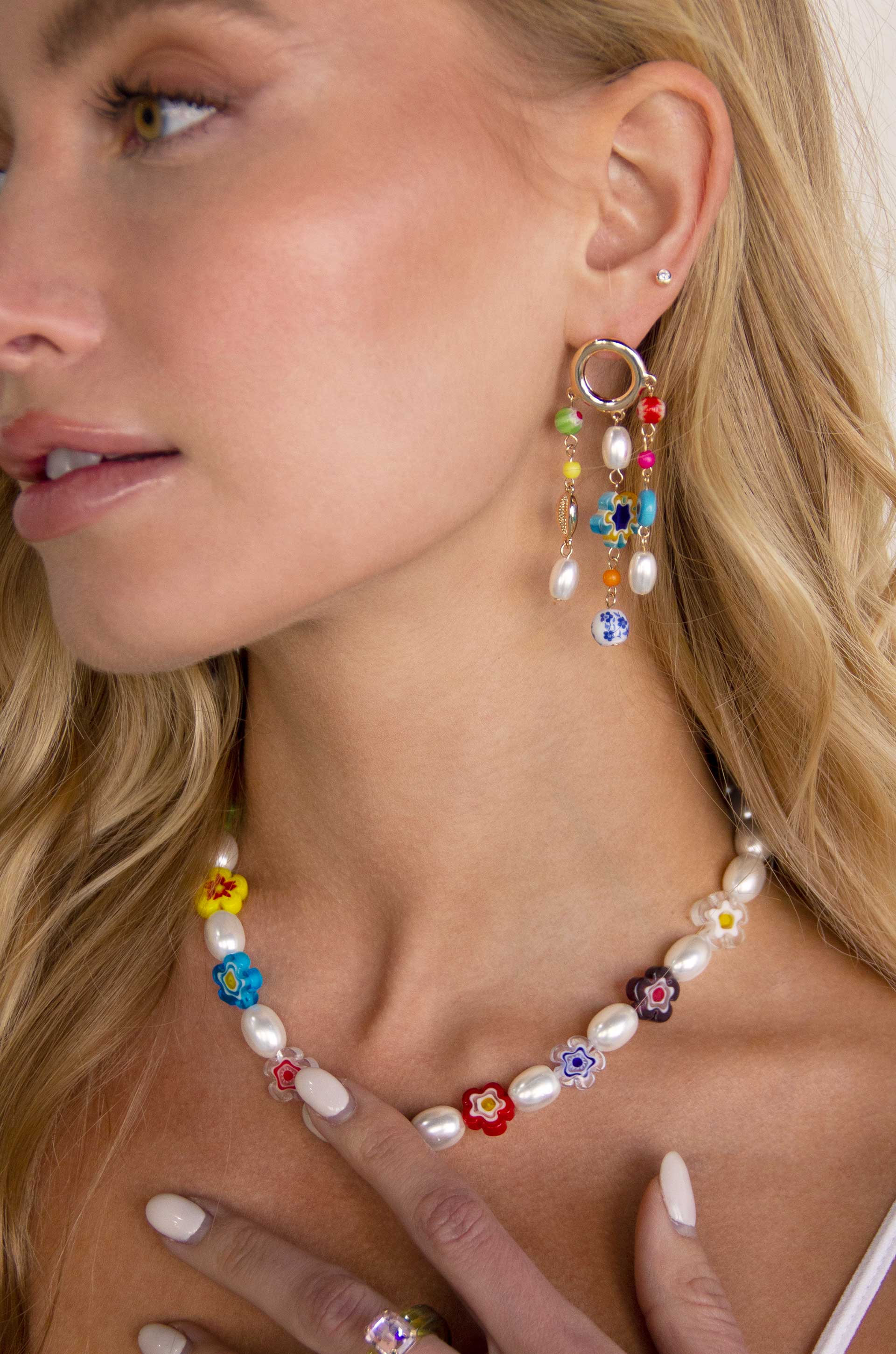 Sunny Days Pearl and Bead 18k Gold Plated Dangle Earrings on a model