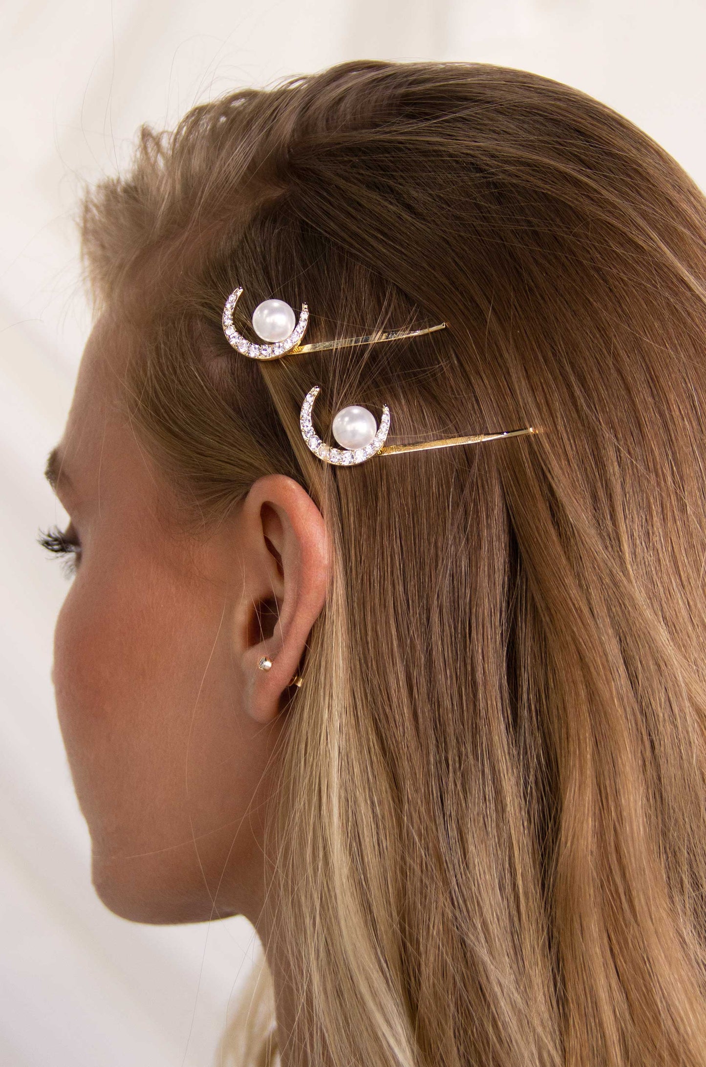 Spell Casting Crystal and Pearl Hair Pins on a model 1
