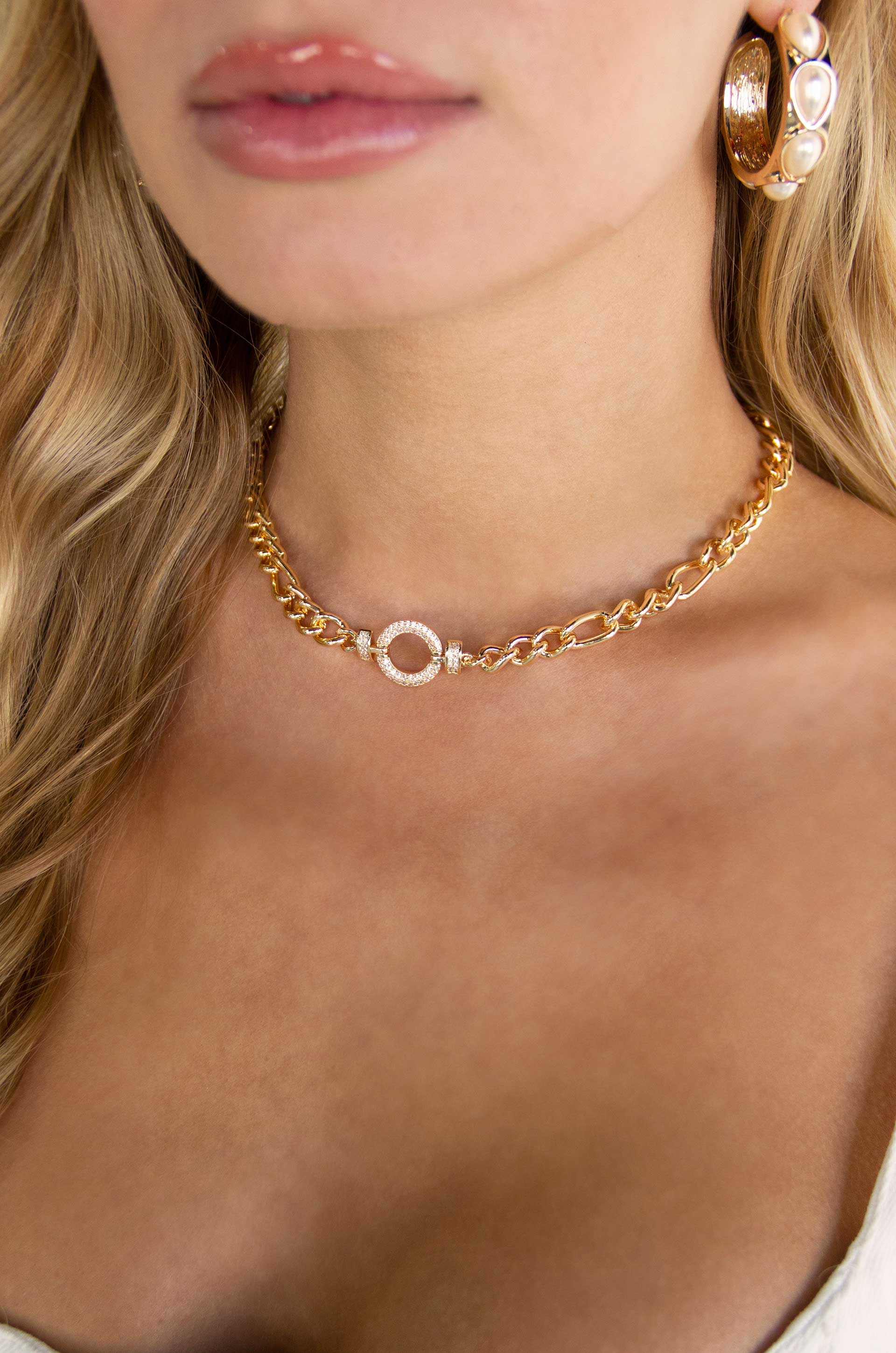 Eternity Crystal Circle 18k Gold Plated Chain Link Necklace on a model