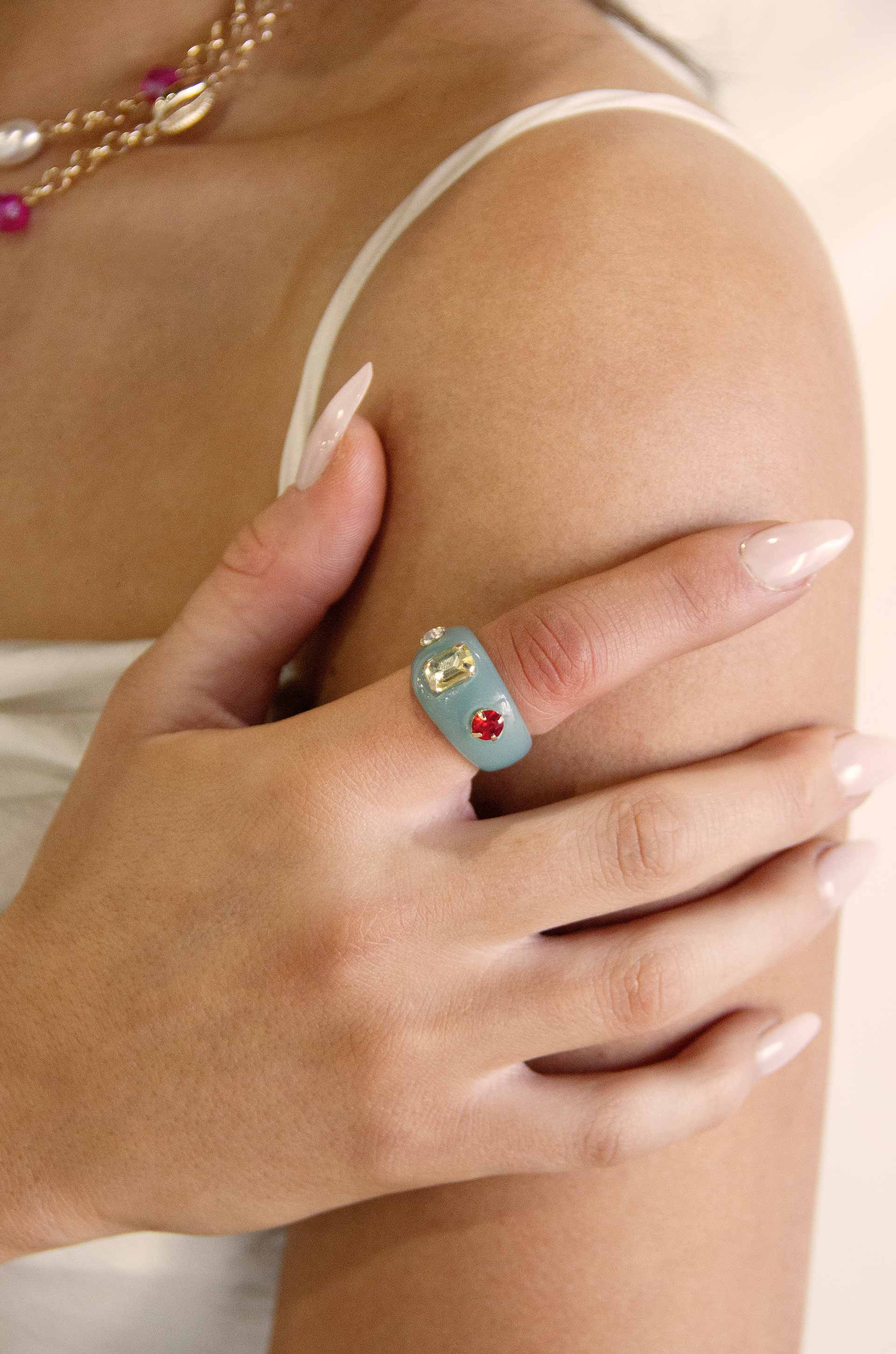 Jeweled Blue Resin Ring on a model