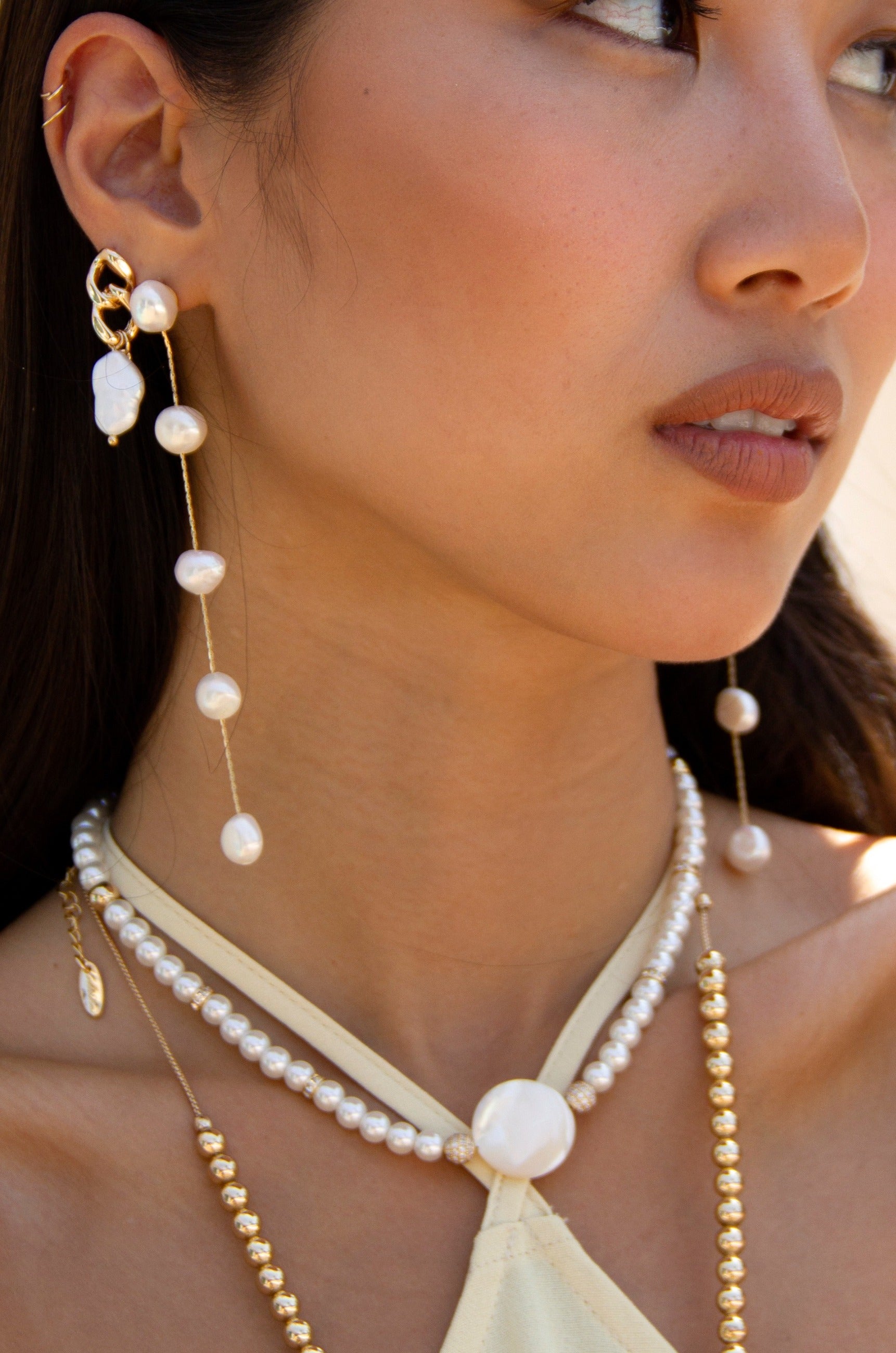 Dripping Pearl Delicate Drop 18k Gold Plated Earrings on model