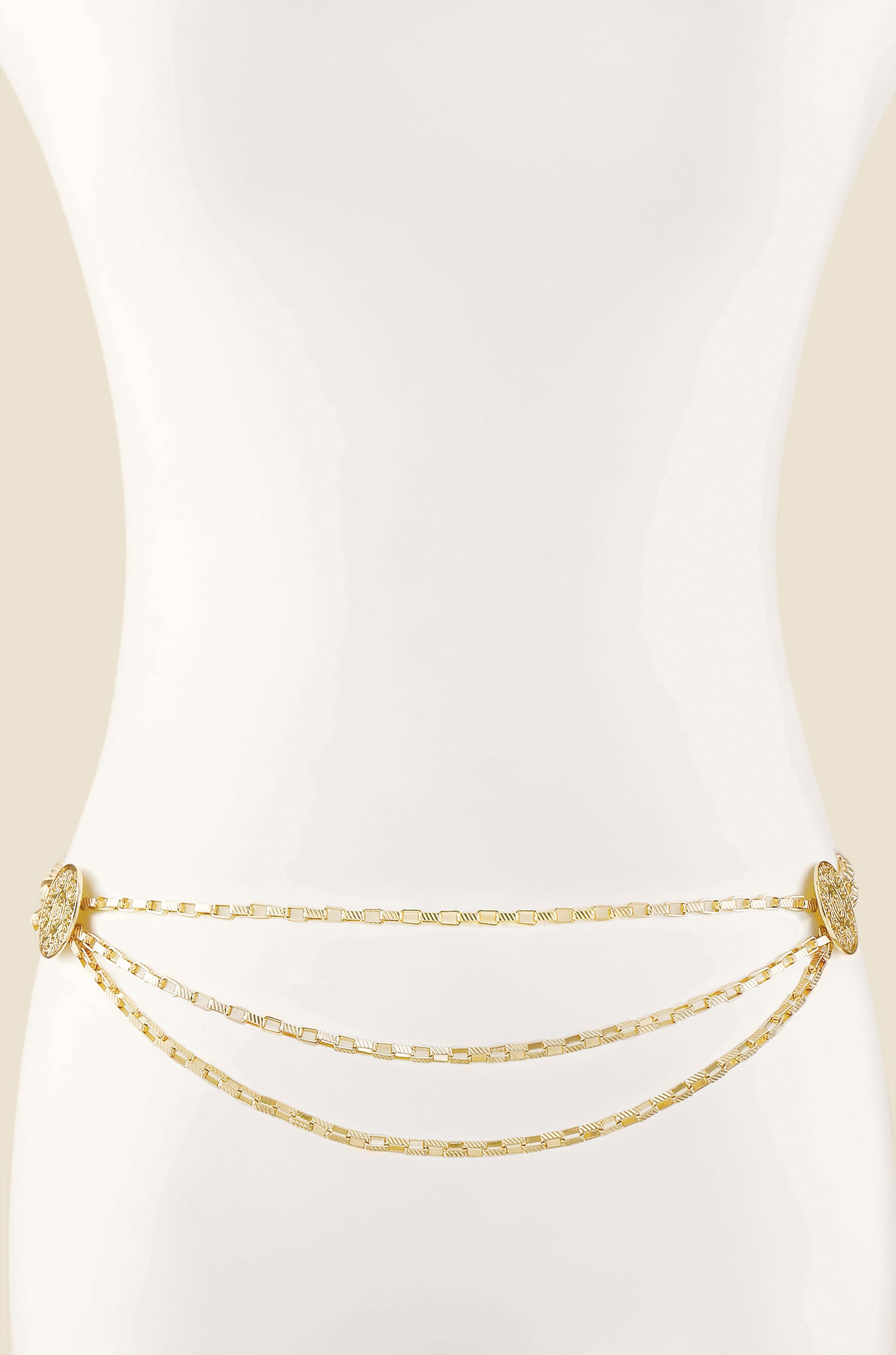 Multi-Chain Coin Dangle Belt in Gold front