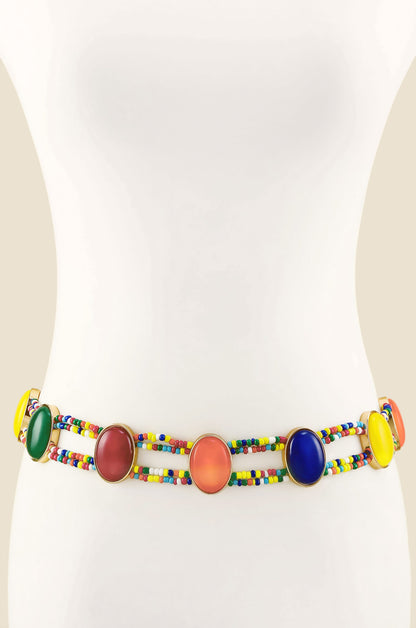 Mixed Rainbow Bead Belt in Gold front