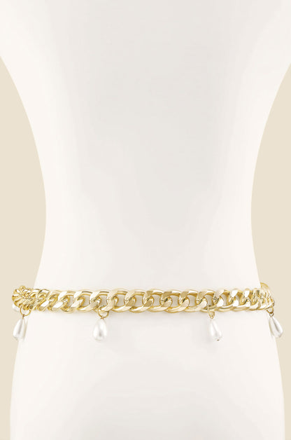 Pearl Dotted Chain Link Belt in Gold front