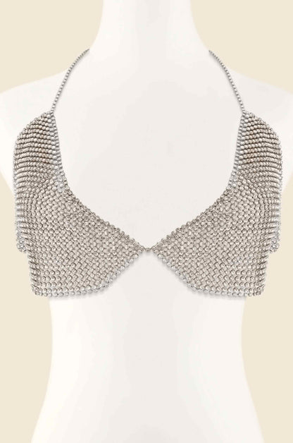 Limelight Crystal and Rhodium Bikini Top Body Chain front