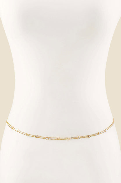 Crystal Dotted Delicate Strands Body Chain in Gold front