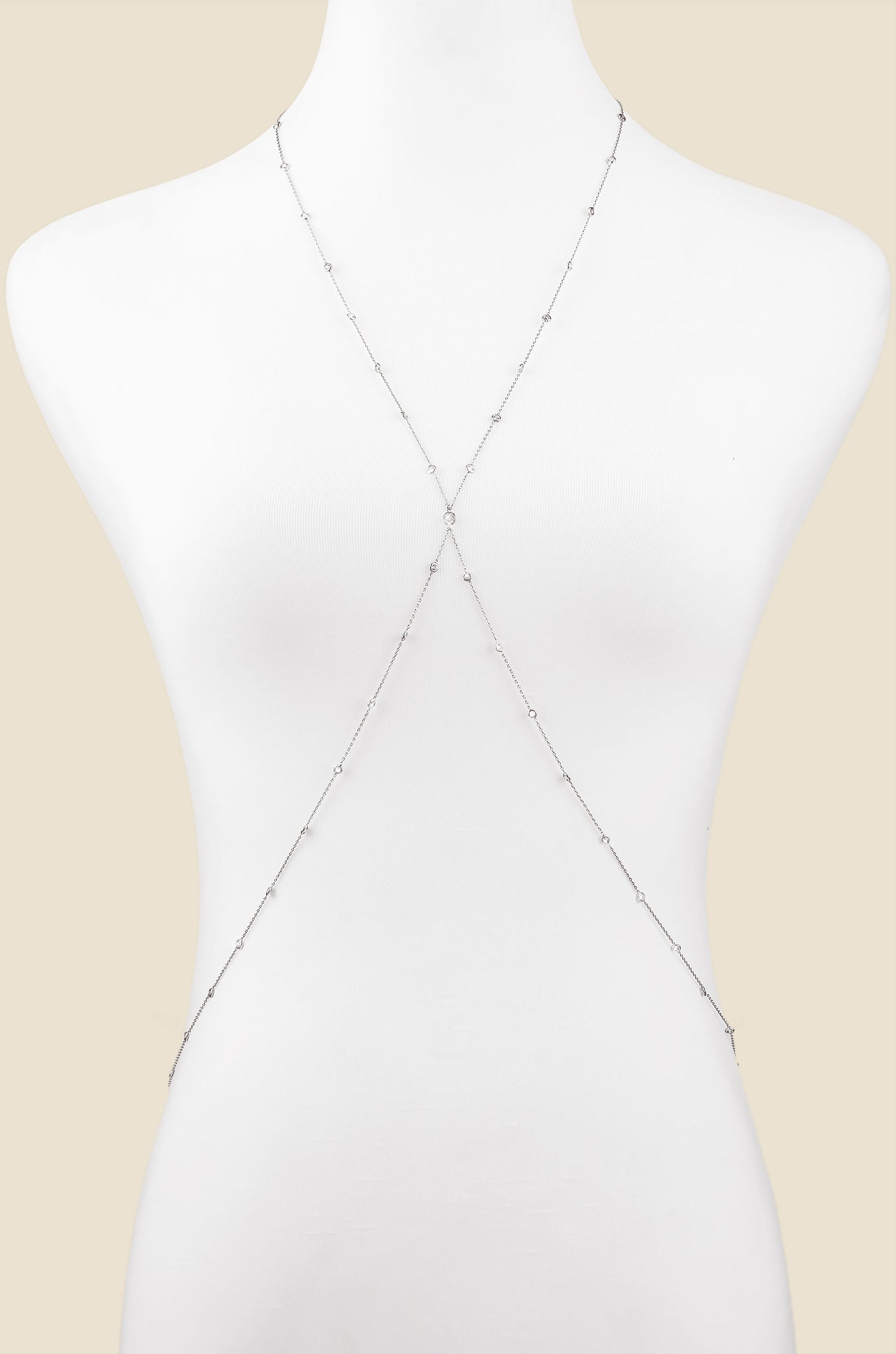 Simple Crystal X Body Chain in Rhodium on mannequin