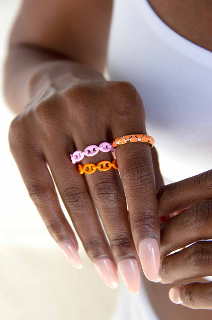 Festival Fun 18k Gold Plated Orange & Pink Enamel Ring Set on a model