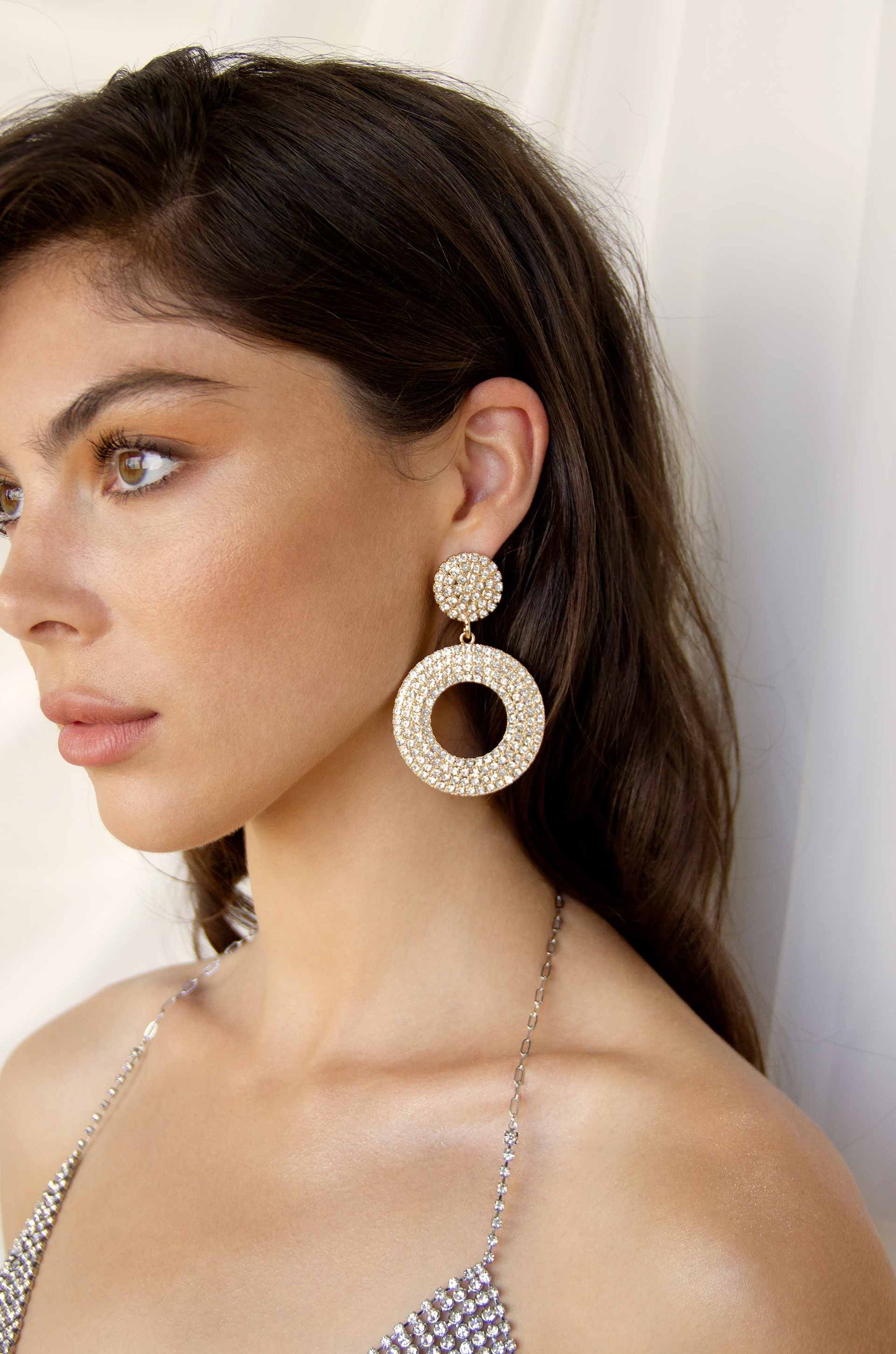 Spinning Records Crystal Earrings on model