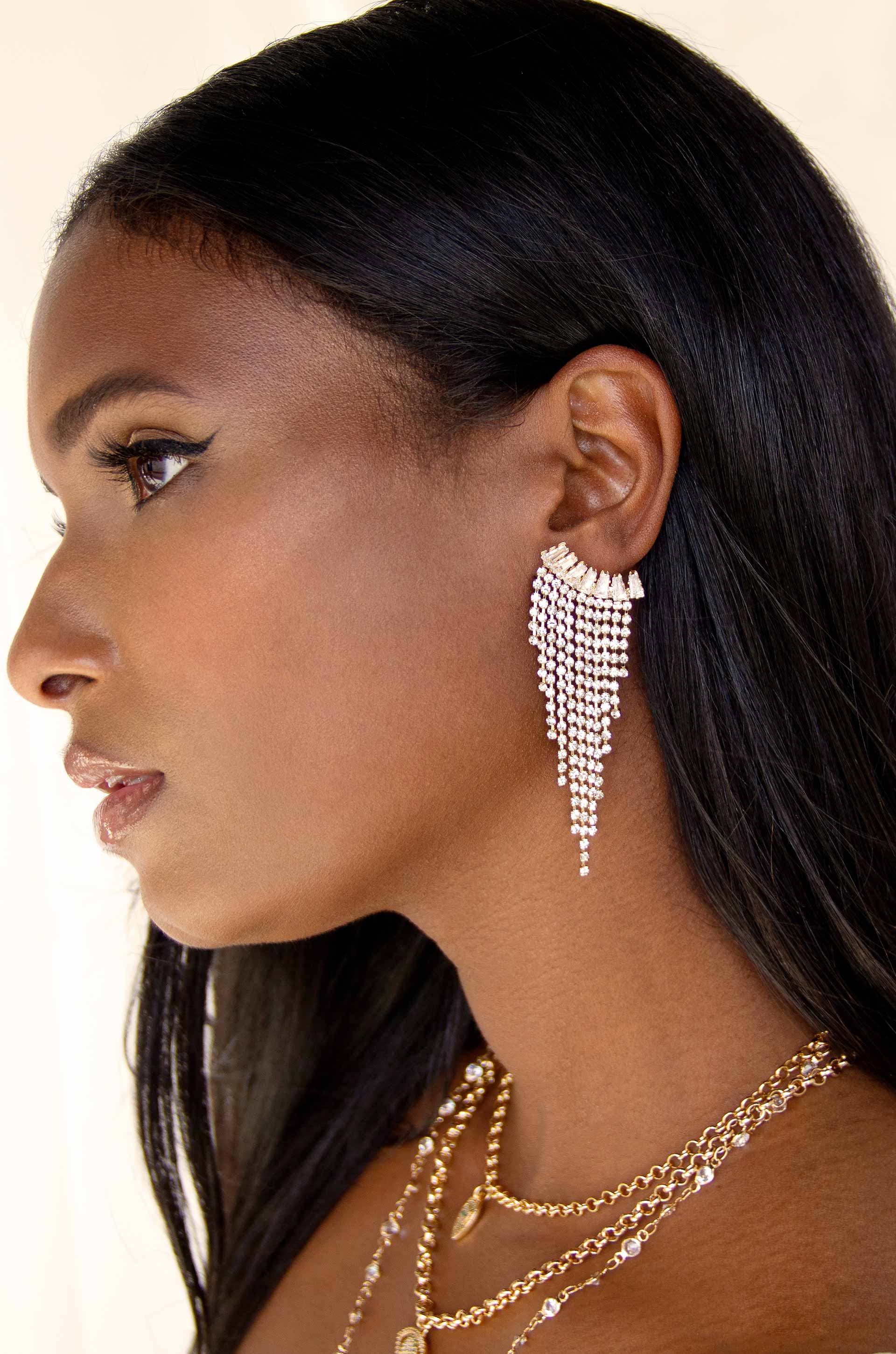 Angel Fringe 18k Gold Plated Crystal Earrings on a model