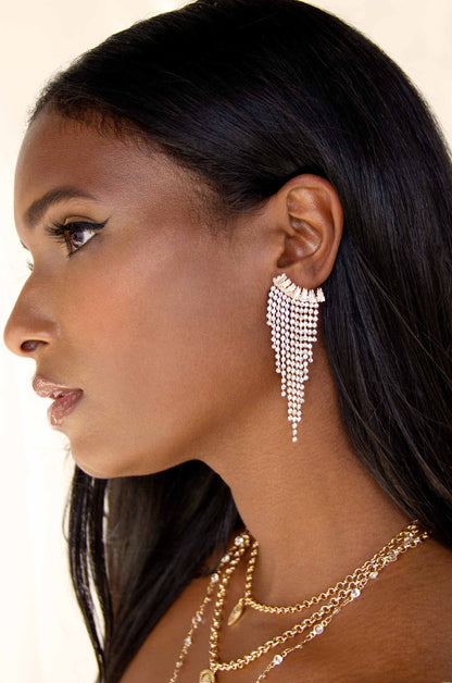 Angel Fringe 18k Gold Plated Crystal Earrings on a model
