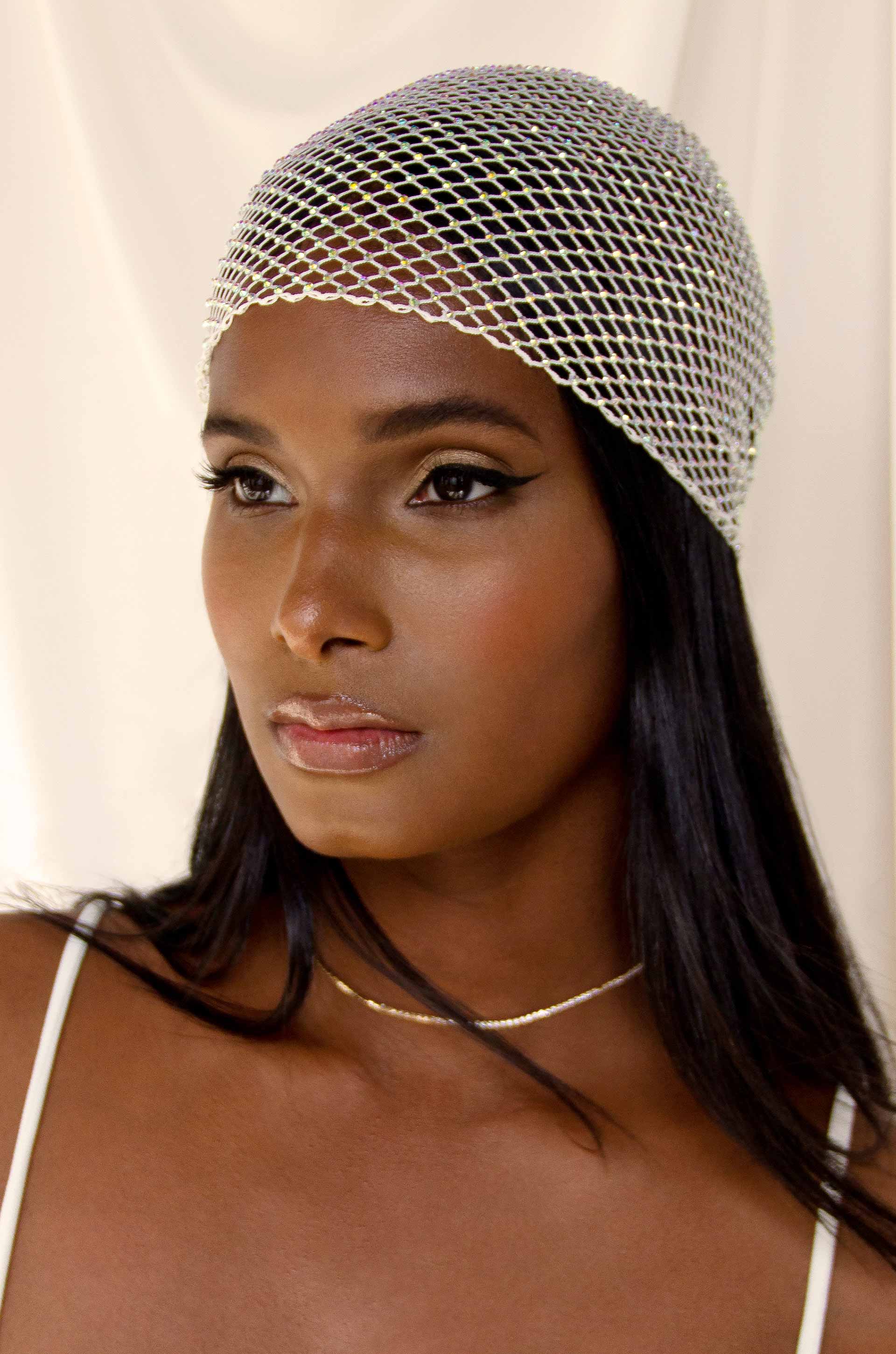 Clear Sparkle Mesh Headpiece on a model front