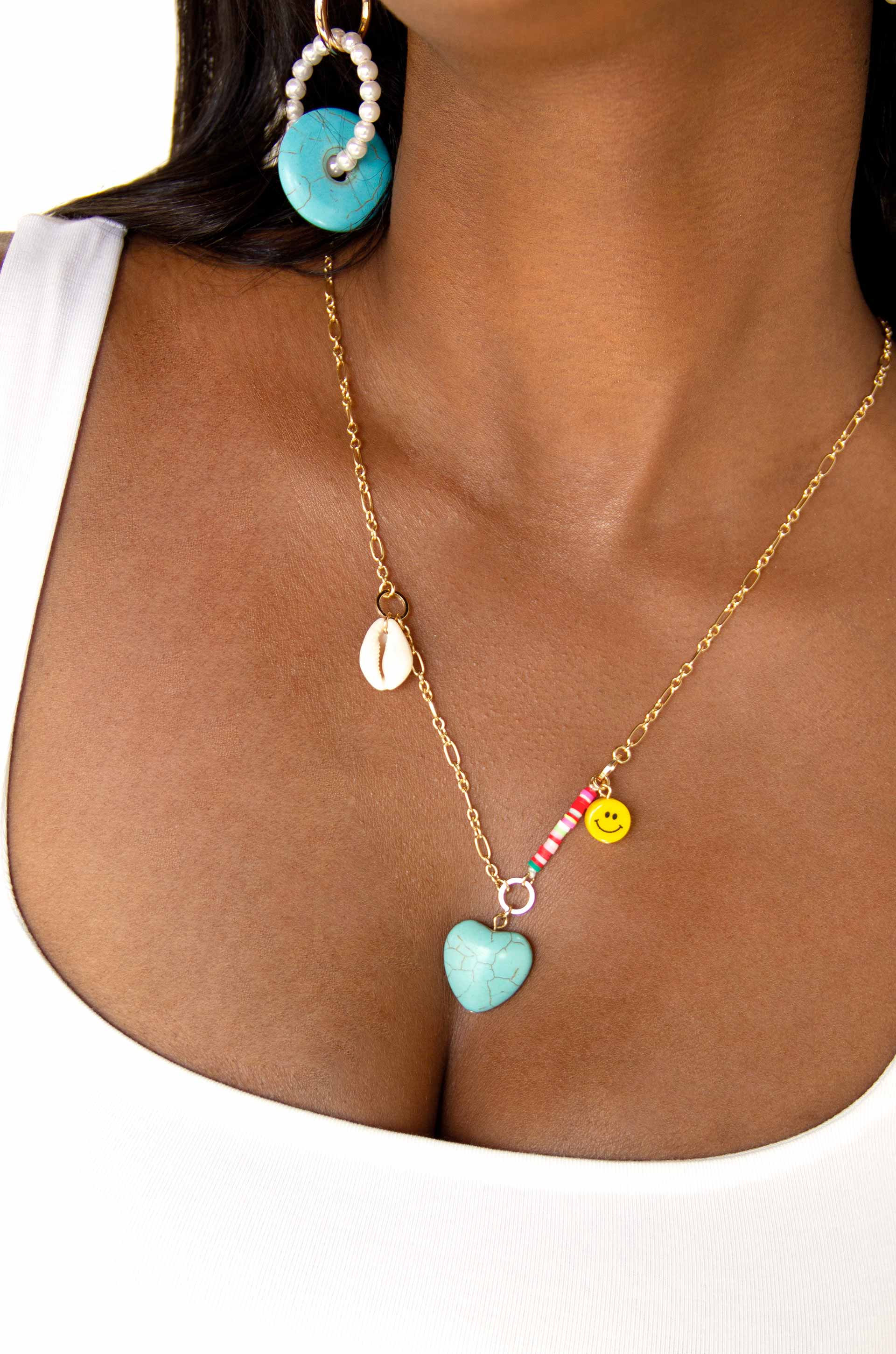 Only Good Vibes 18k Gold Plated Charm Necklace on a model