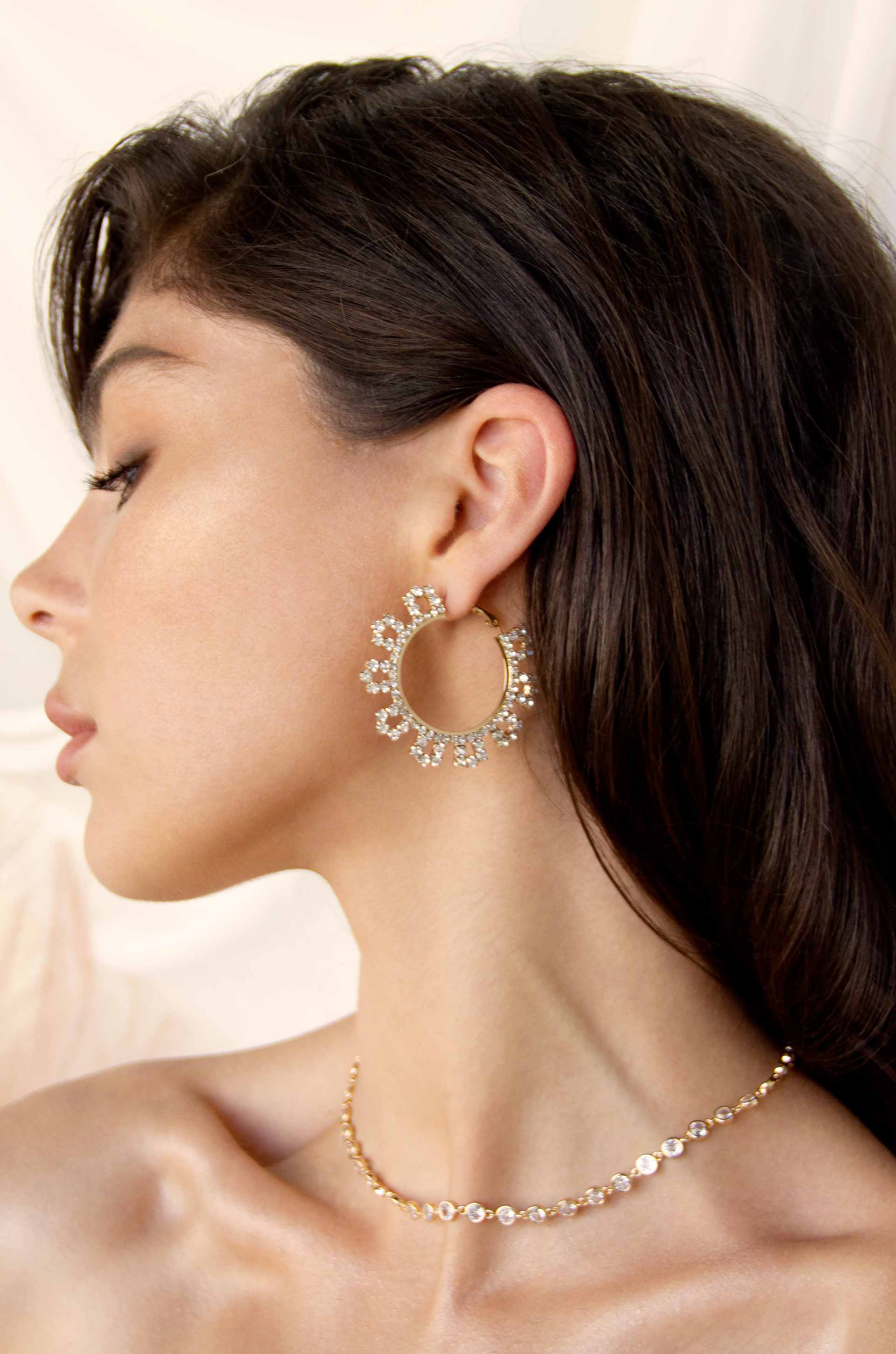 Gatsby Crystal 18k Gold Plated Hoop Earrings on a model
