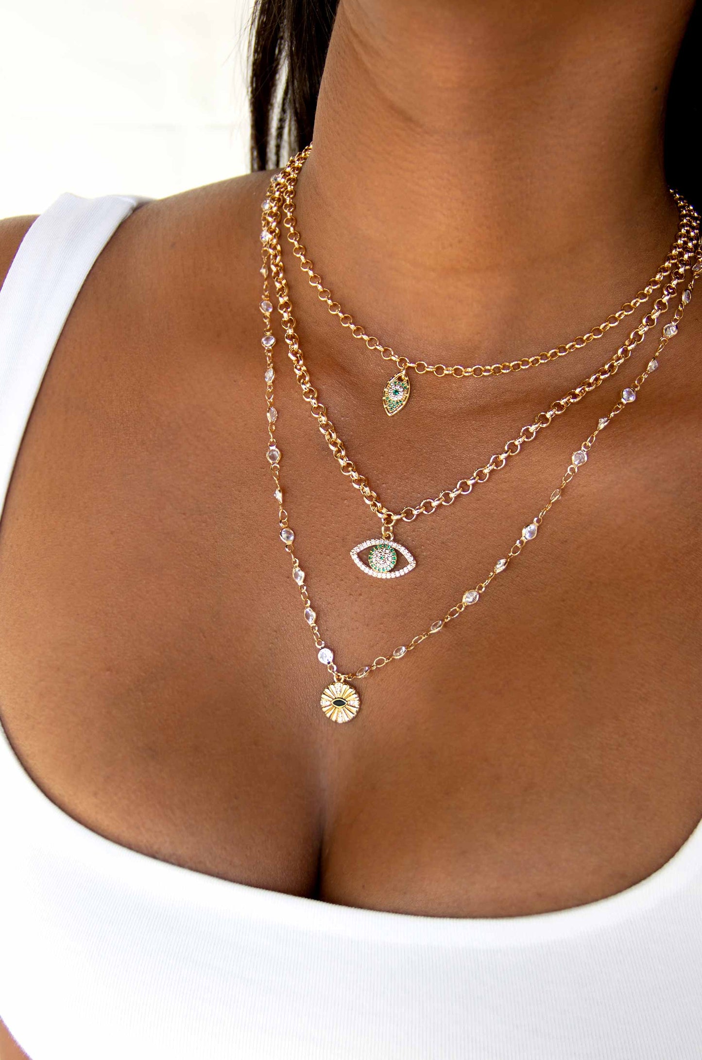 Stay Protected 18k Gold Plated Crystal Necklace Set on a model