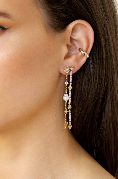 Straight Crystal Chain 18k Gold Plated Dangle Earrings on a model