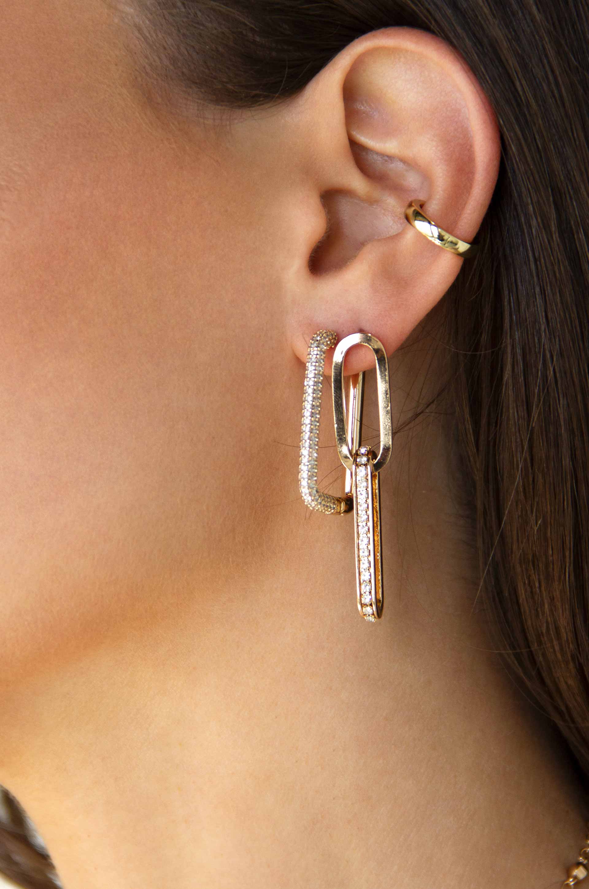 Golden and Crystal Simple Link 18k Gold Plated Earrings on a model