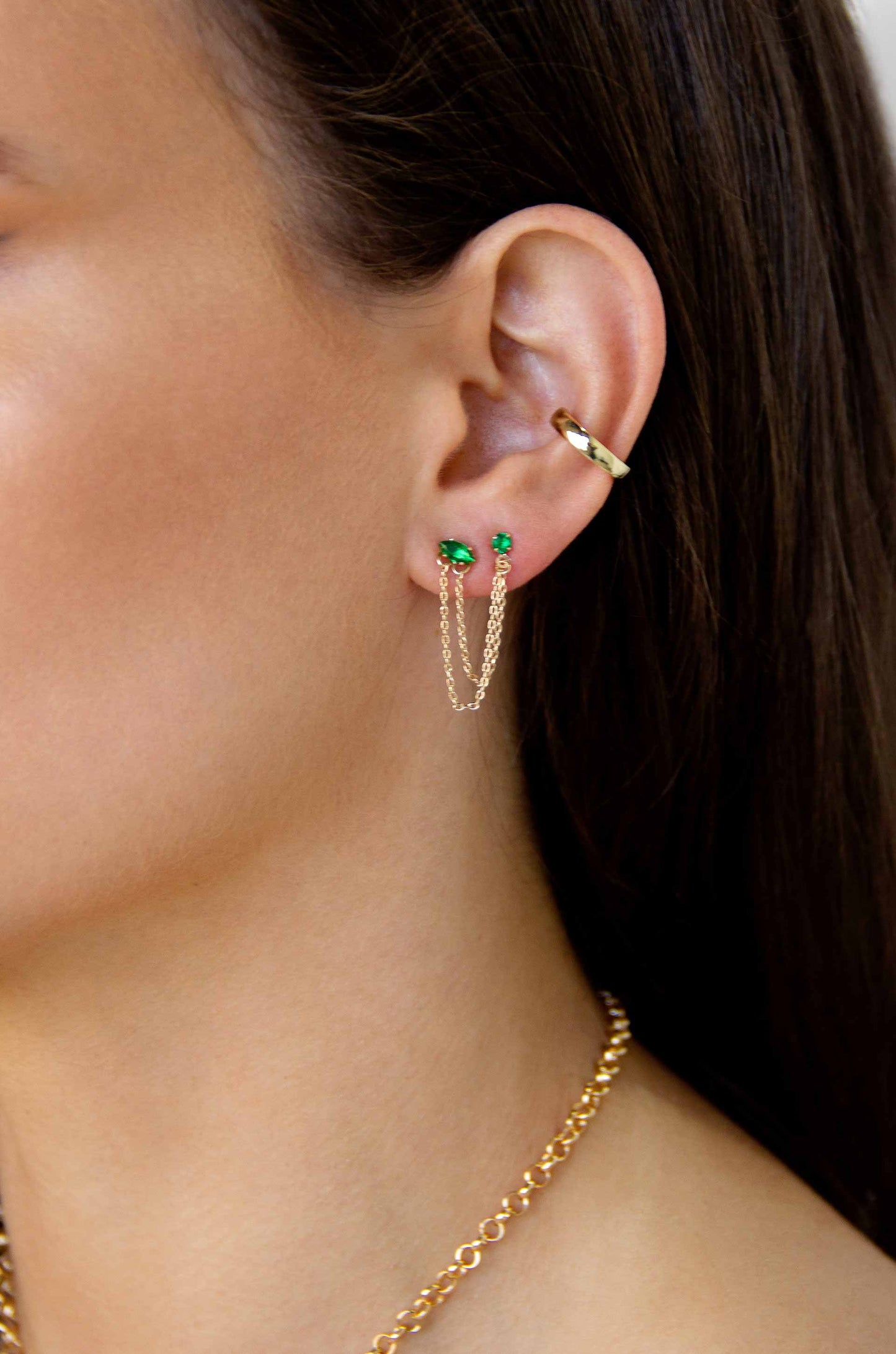 Double Piercing Chain Dangle Earrings in green on model