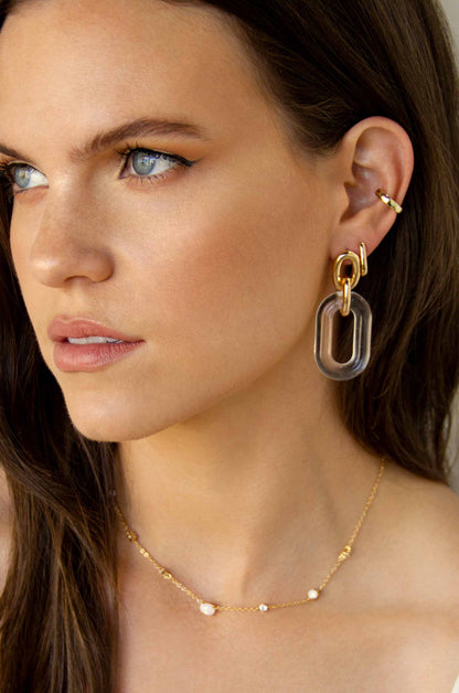 Clear Resin Paperclip 18k Gold Plated Oval Earrings on a model