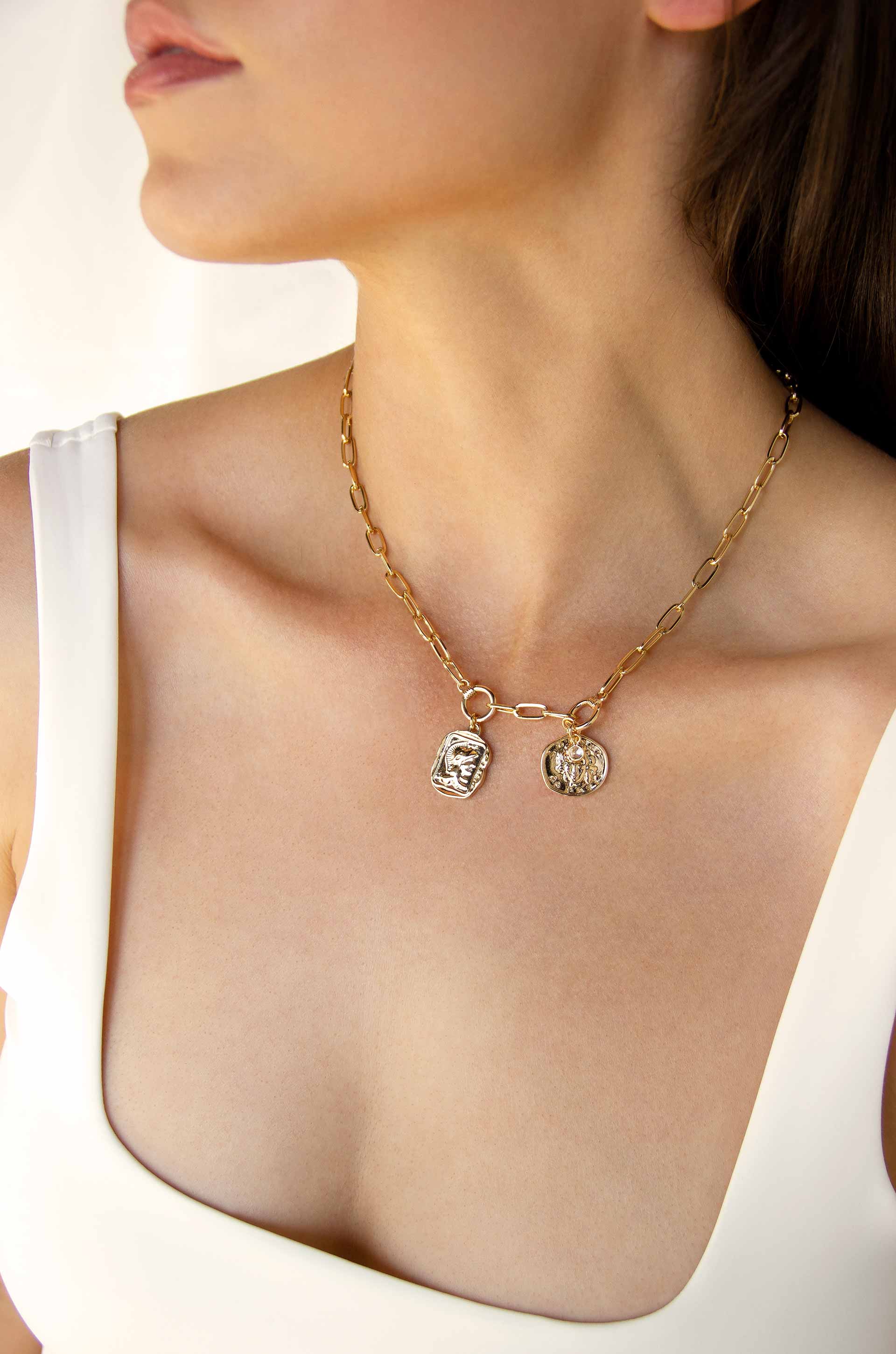 Your Everyday Chain and Charm 18k Gold Plated Necklace on a model
