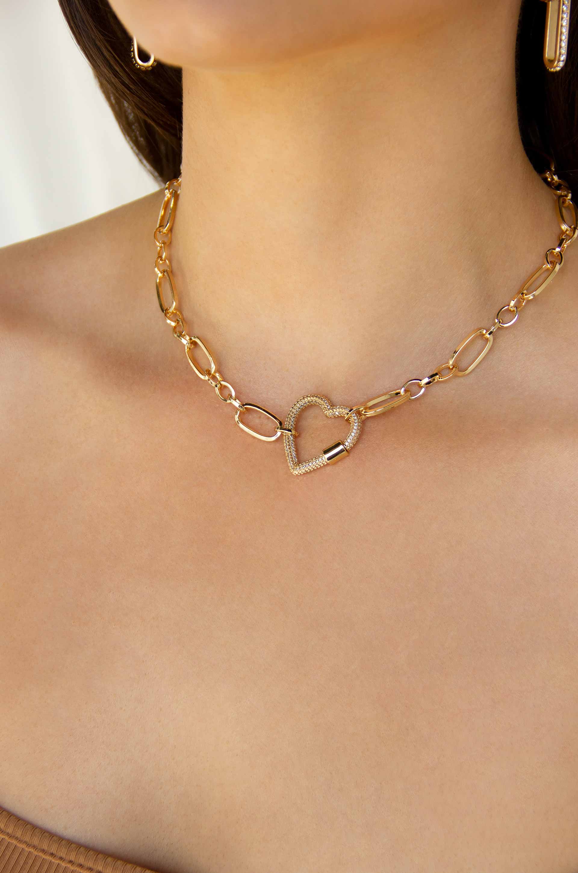 Open Heart Lock Necklace on model