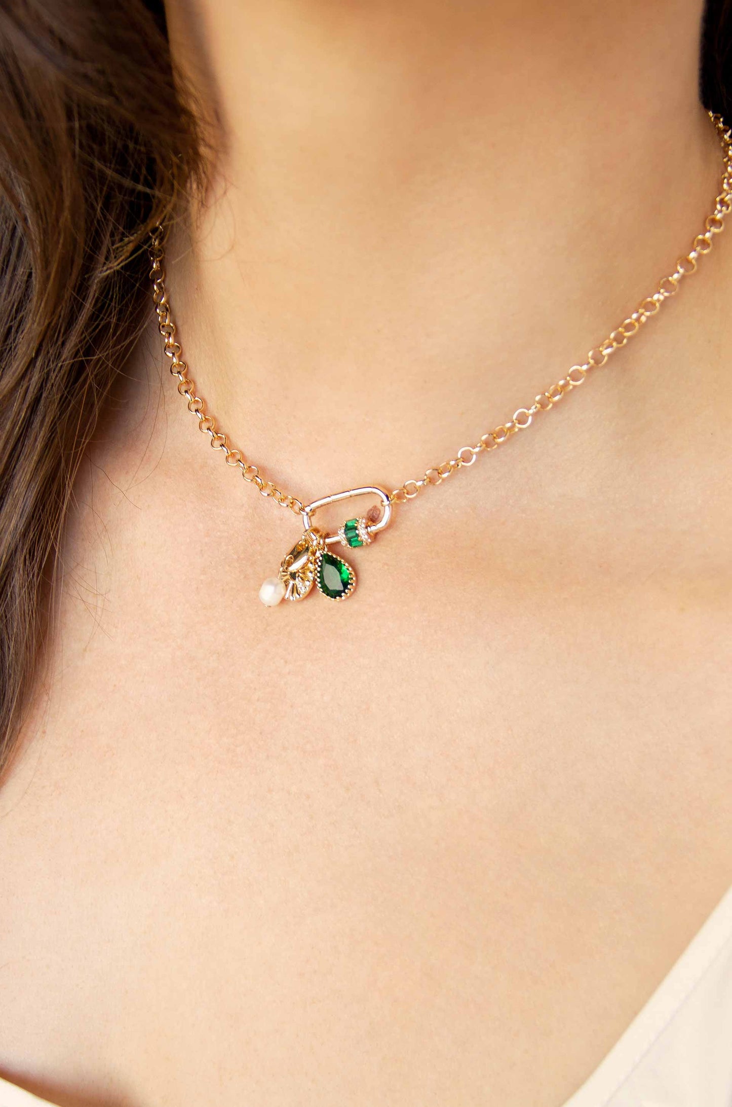 Green Queen 18k Gold Plated Crystal Charm Necklace on a model