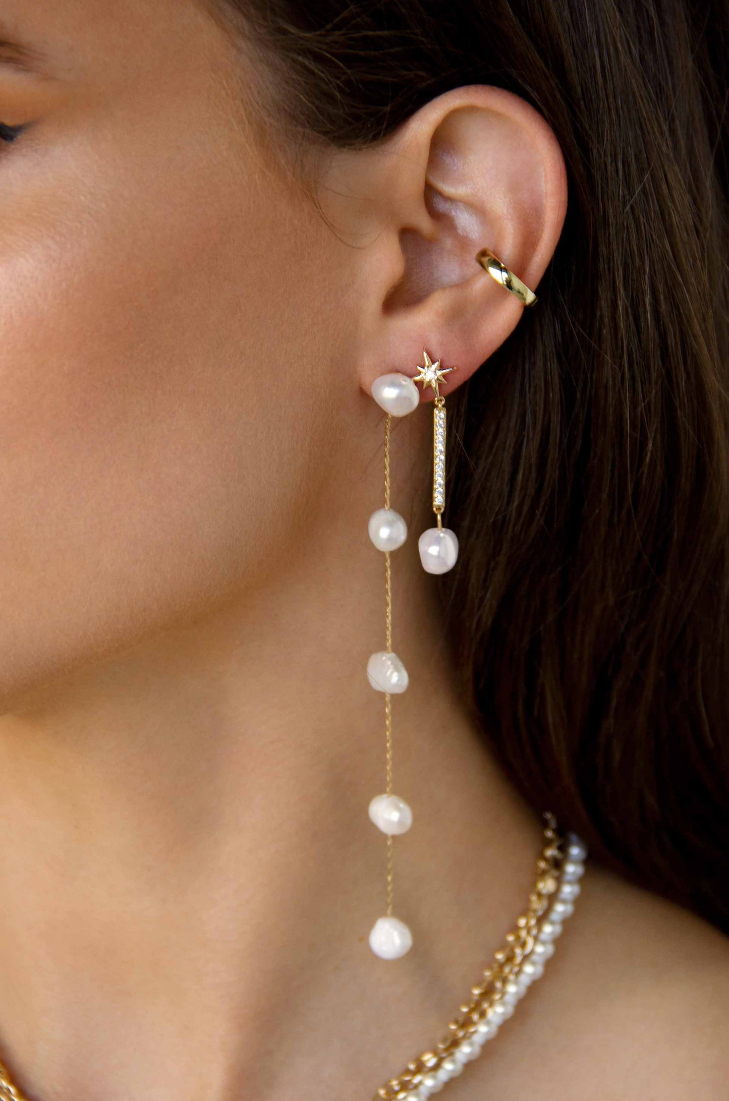 Celestial Pearl Dangle 18k Gold Plated Earrings on model