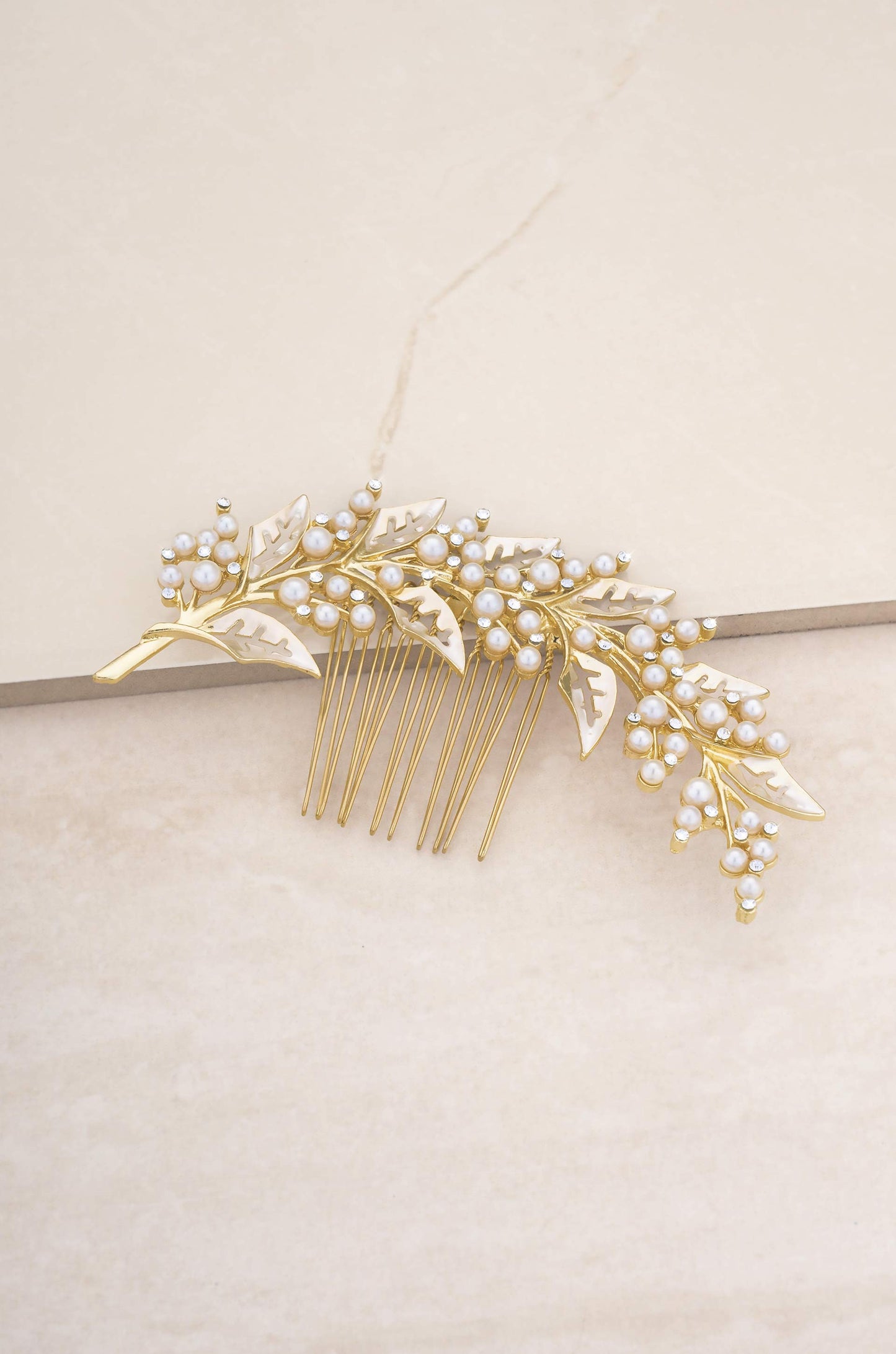 Ethereal Pearl Leaf Hair Comb on slate