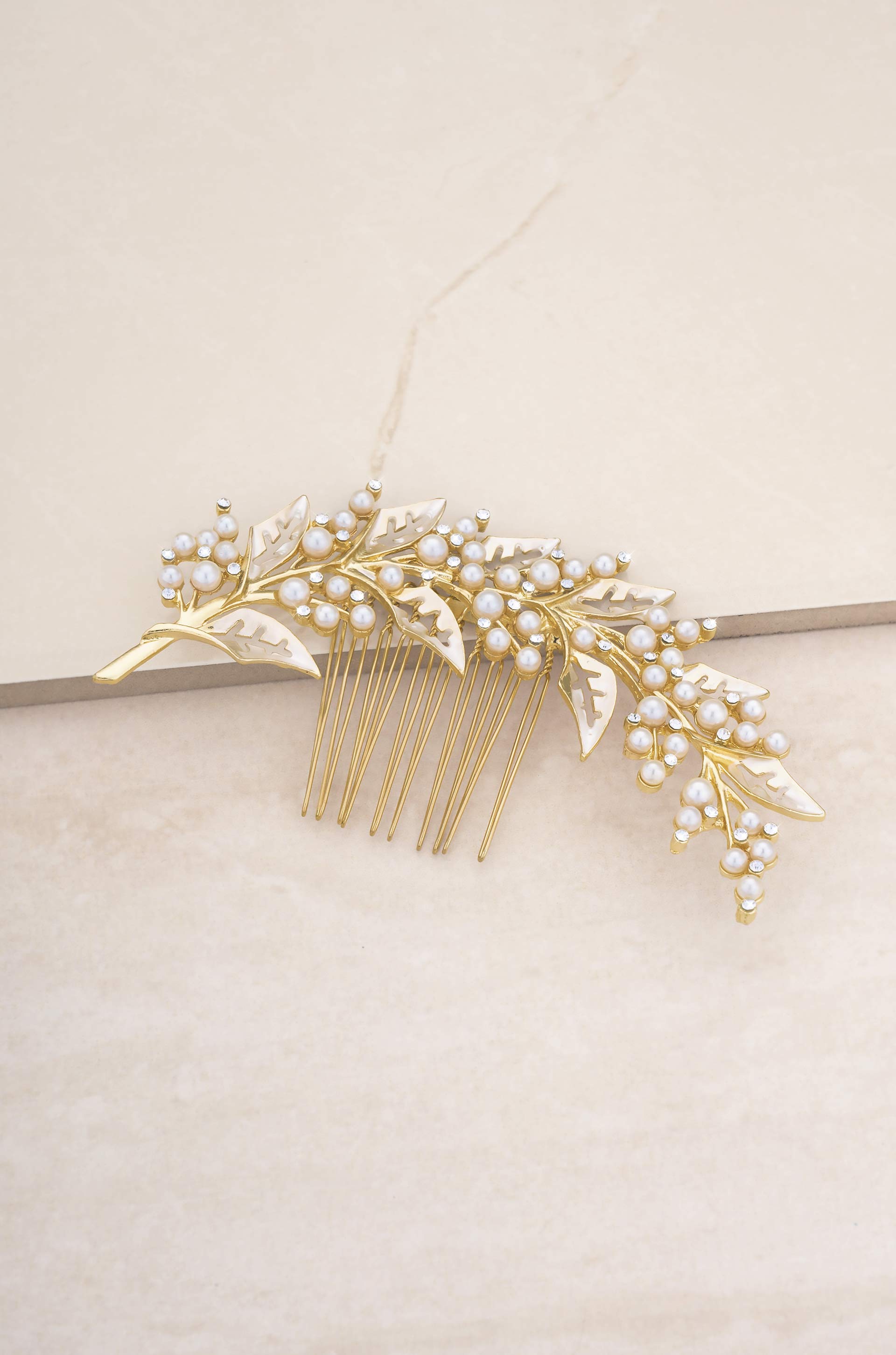 Ethereal Pearl Leaf Hair Comb on slate