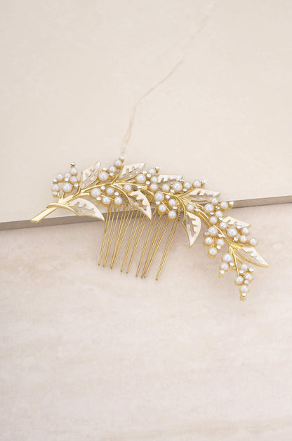 Ethereal Pearl Leaf Hair Comb on slate