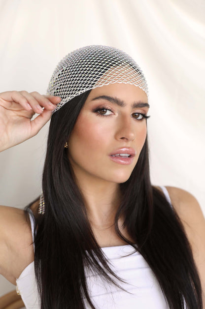 Clear Sparkle Mesh Headpiece on a model front