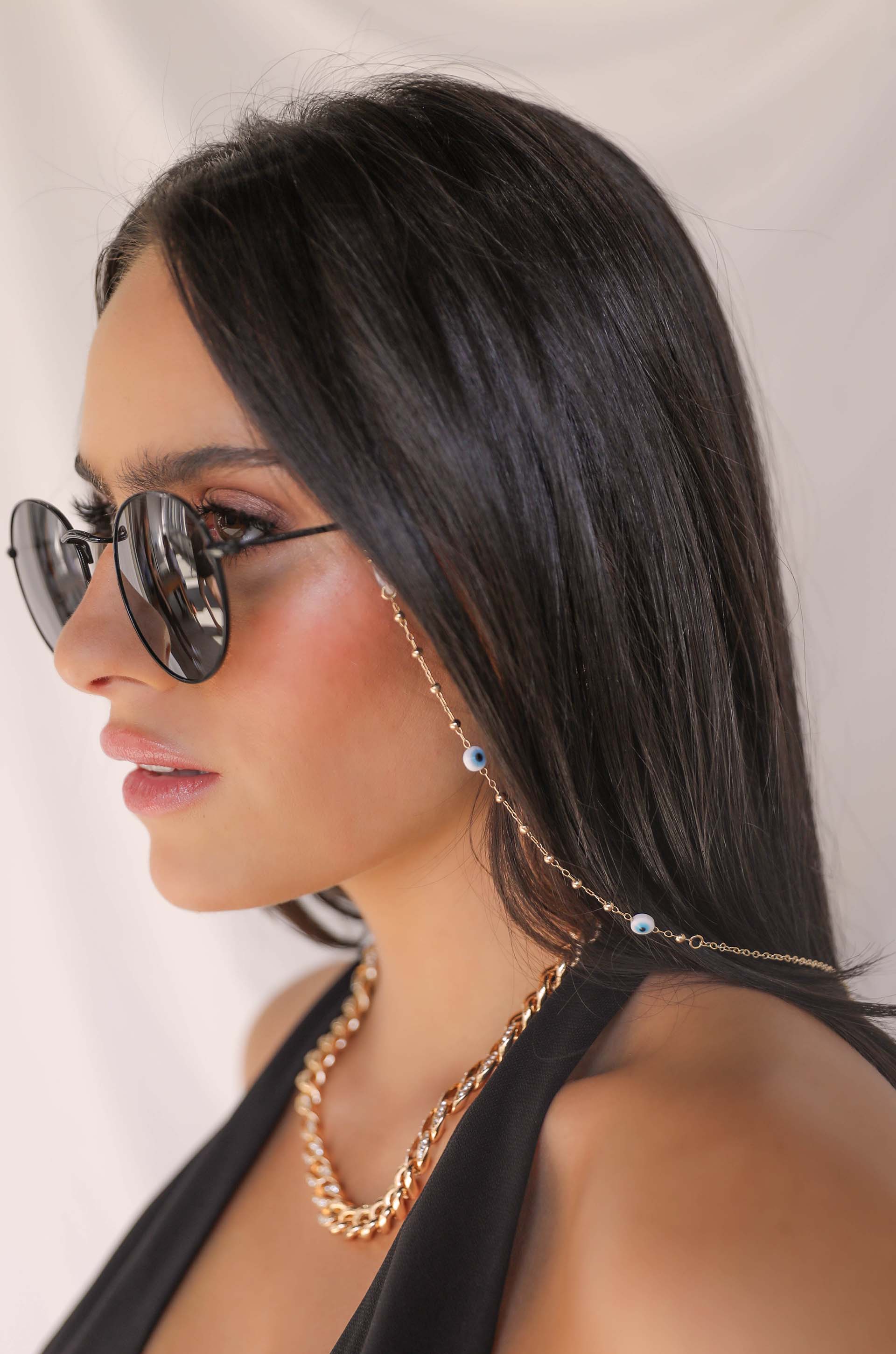 Evil Eye Beaded Glasses Chain on model side