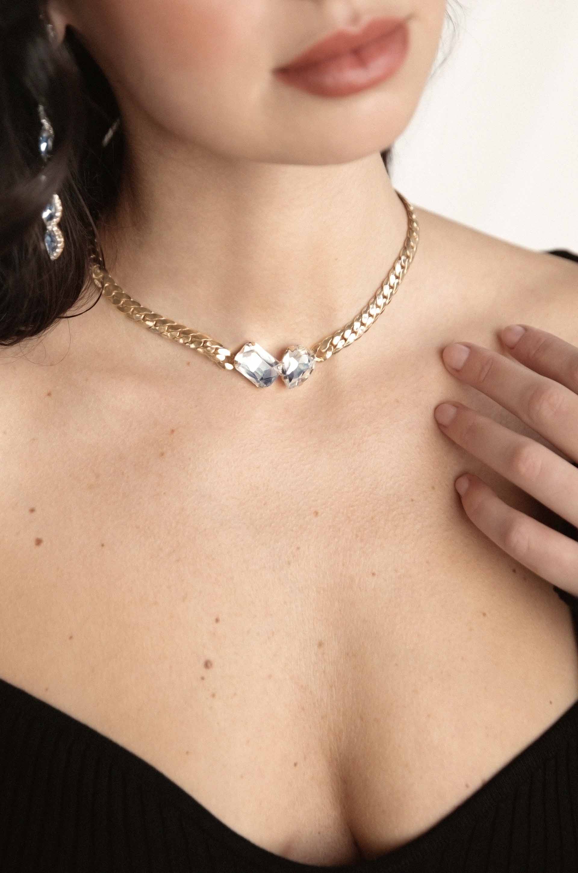 Crystal Gem 18k Gold Plated Necklace on a model