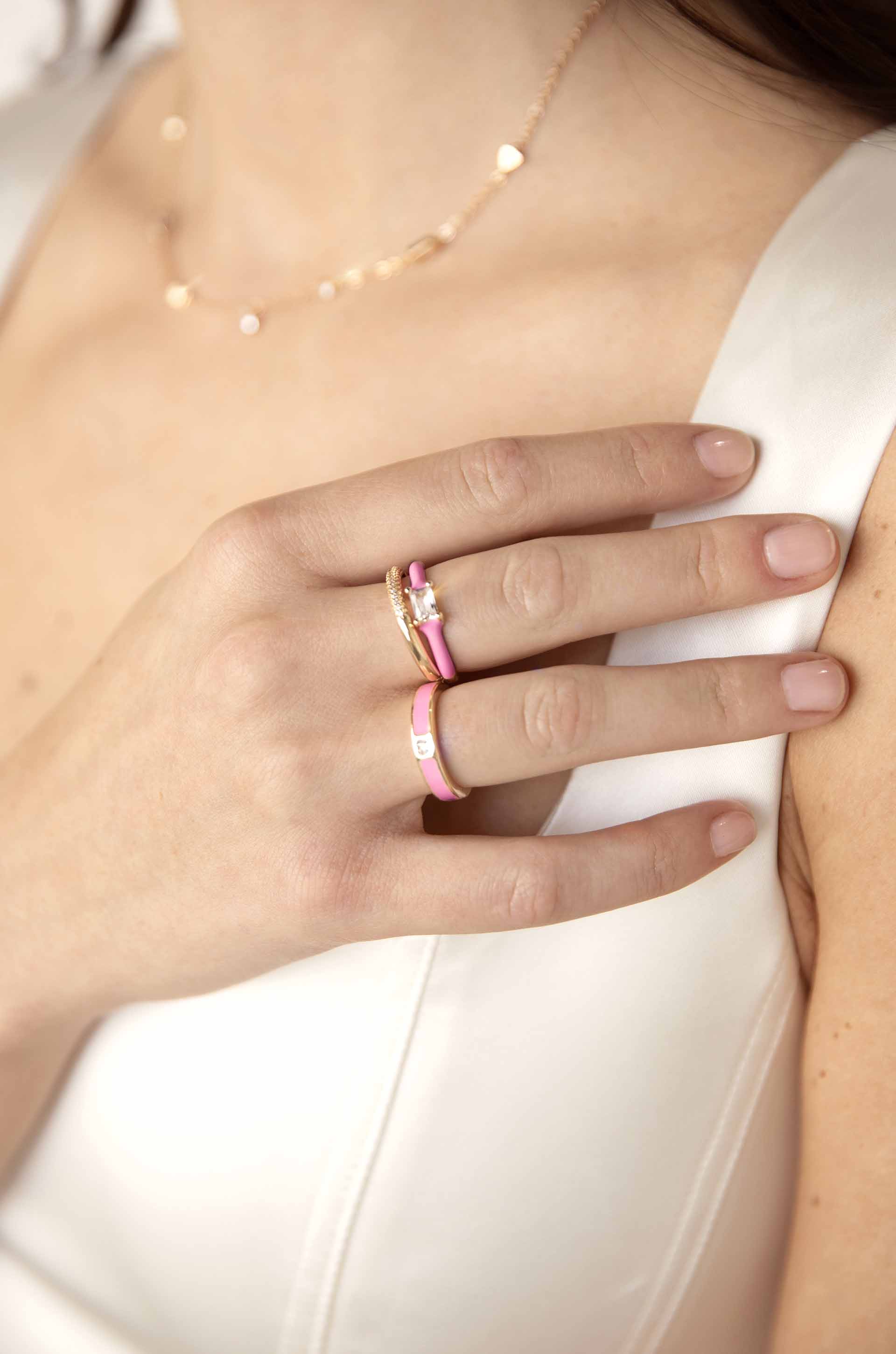 Pink Ladies 18k Gold Plated Ring Set on a model
