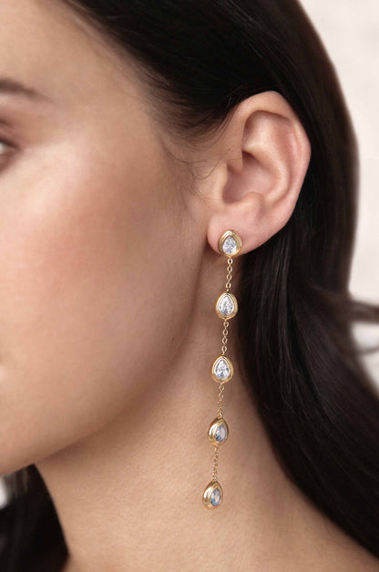 Single File Crystal 18k Gold Plated Dangle Earrings on a model