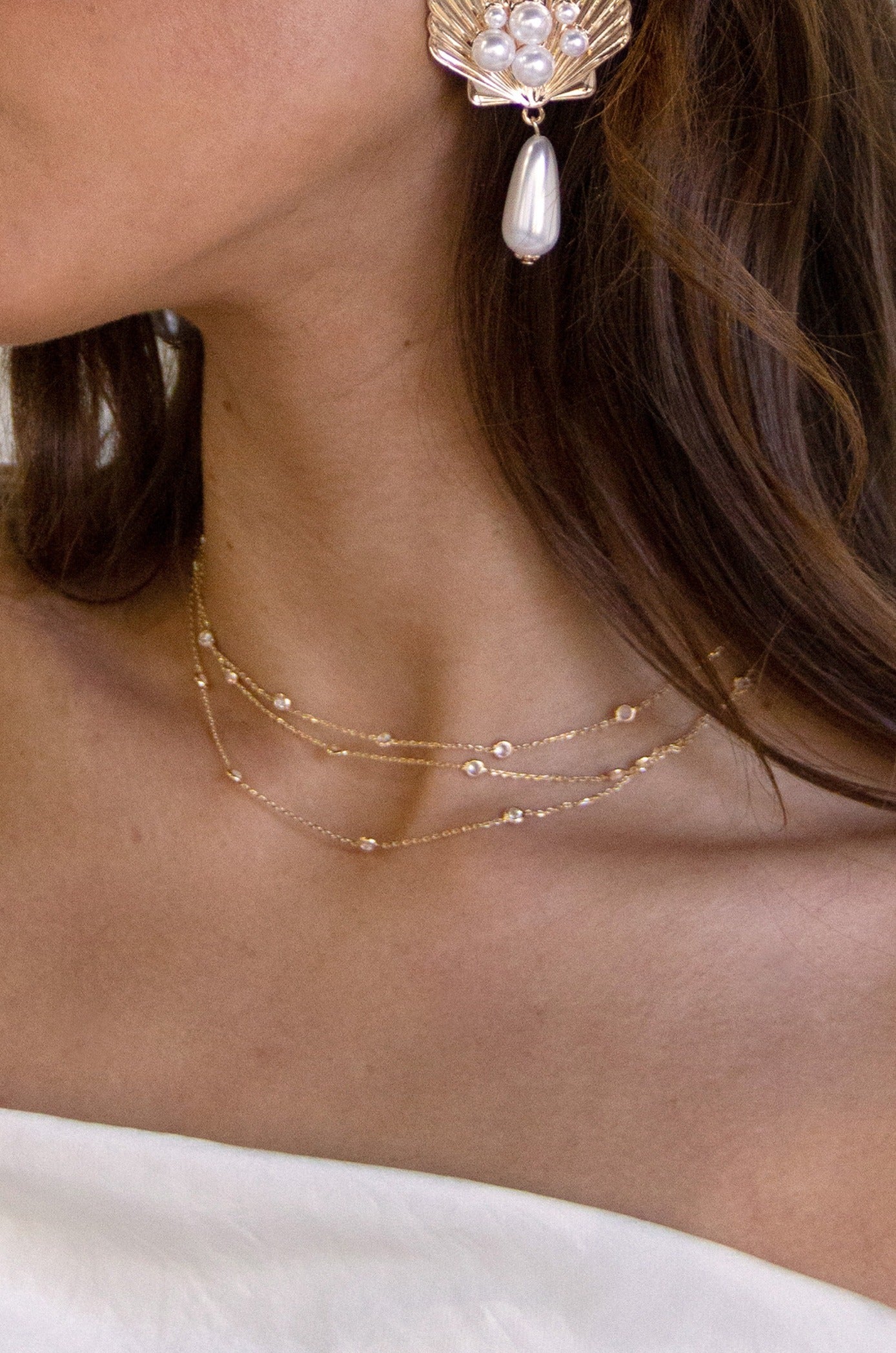 Perfect Crystal Dotted 18k Gold Plated Layered Necklace on a model