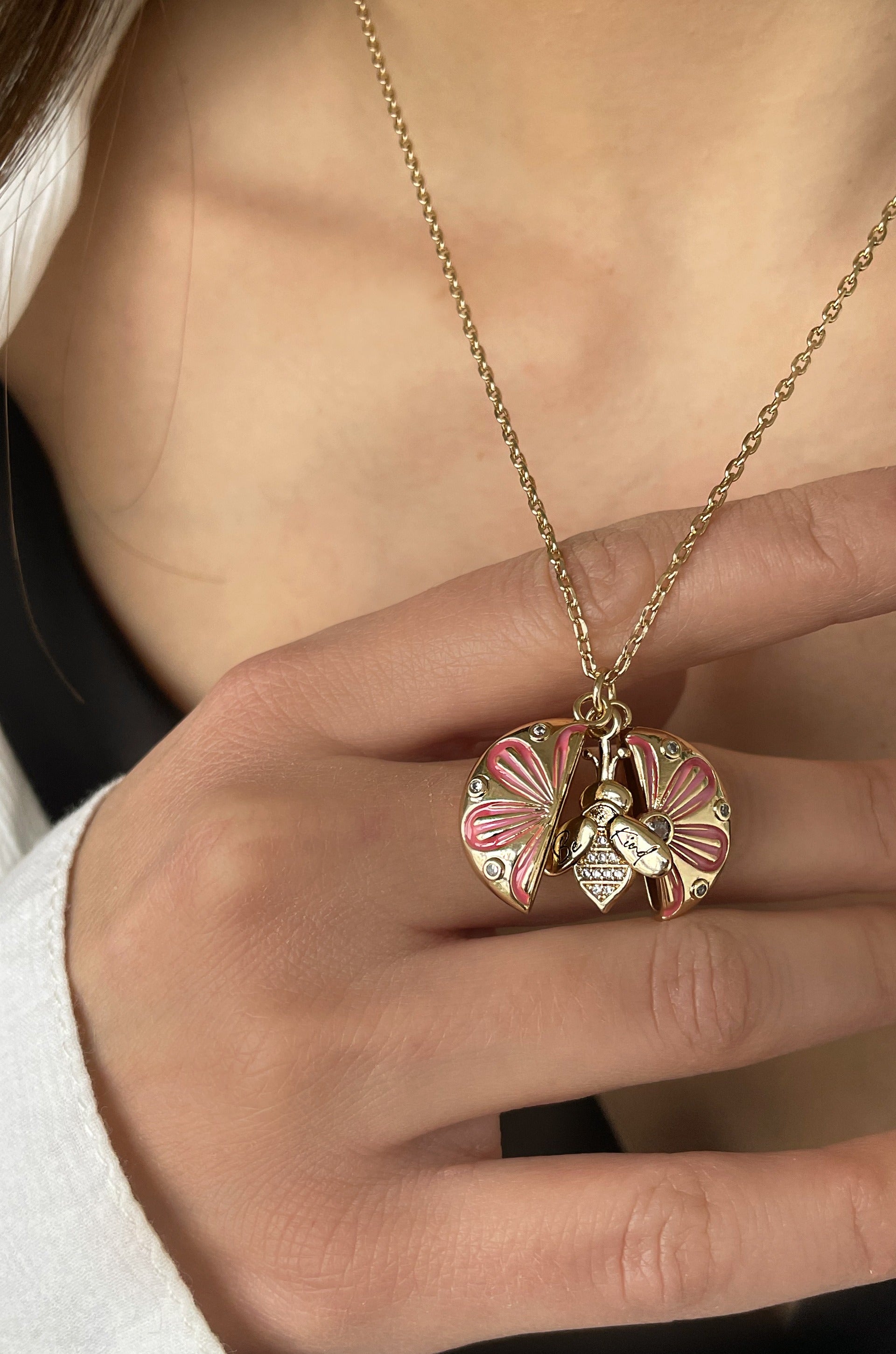 Be Kind Hidden Message Locket Necklace on a model